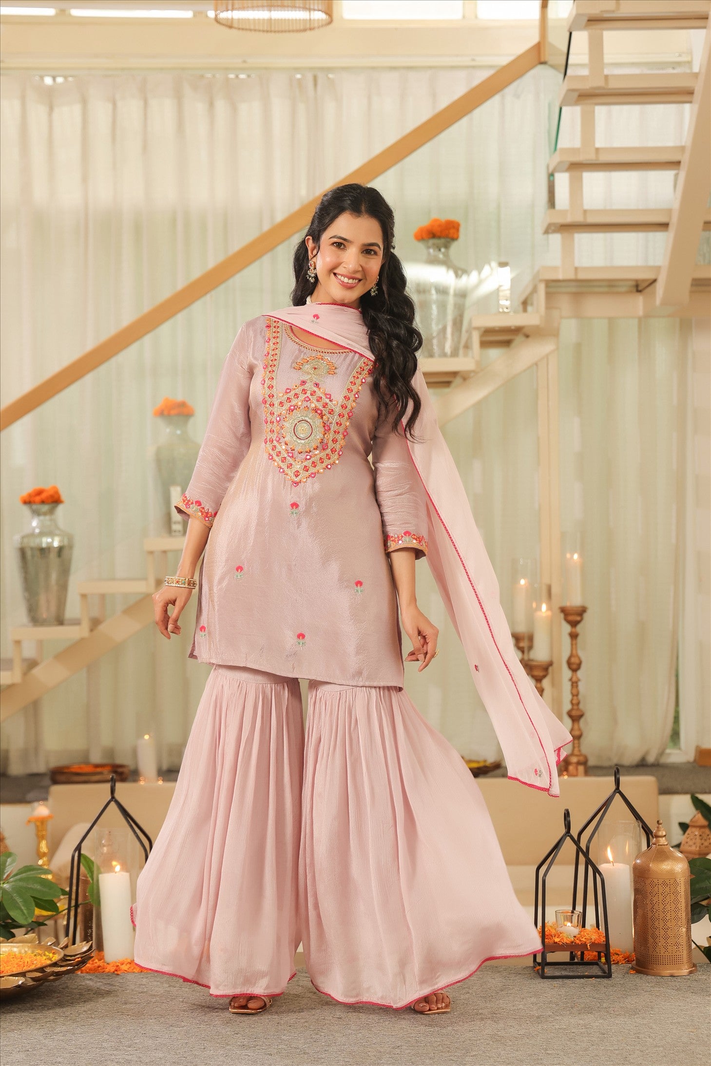 Lavender Shimmer Tissue Embroidered Sharara Set
