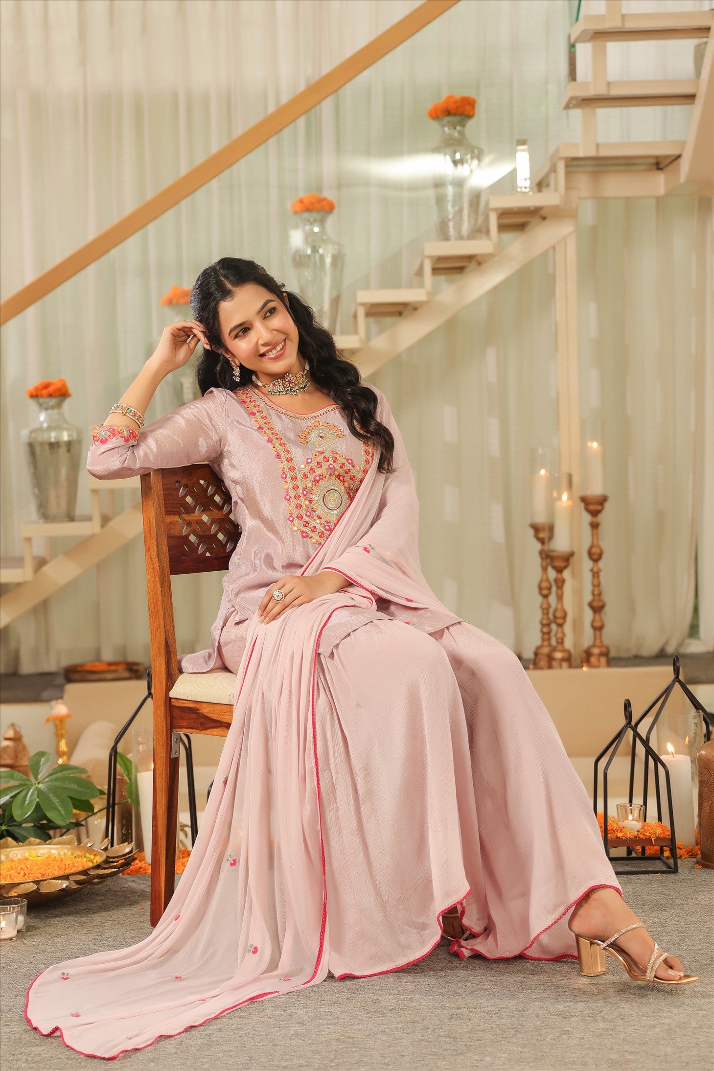 Lavender Shimmer Tissue Embroidered Sharara Set