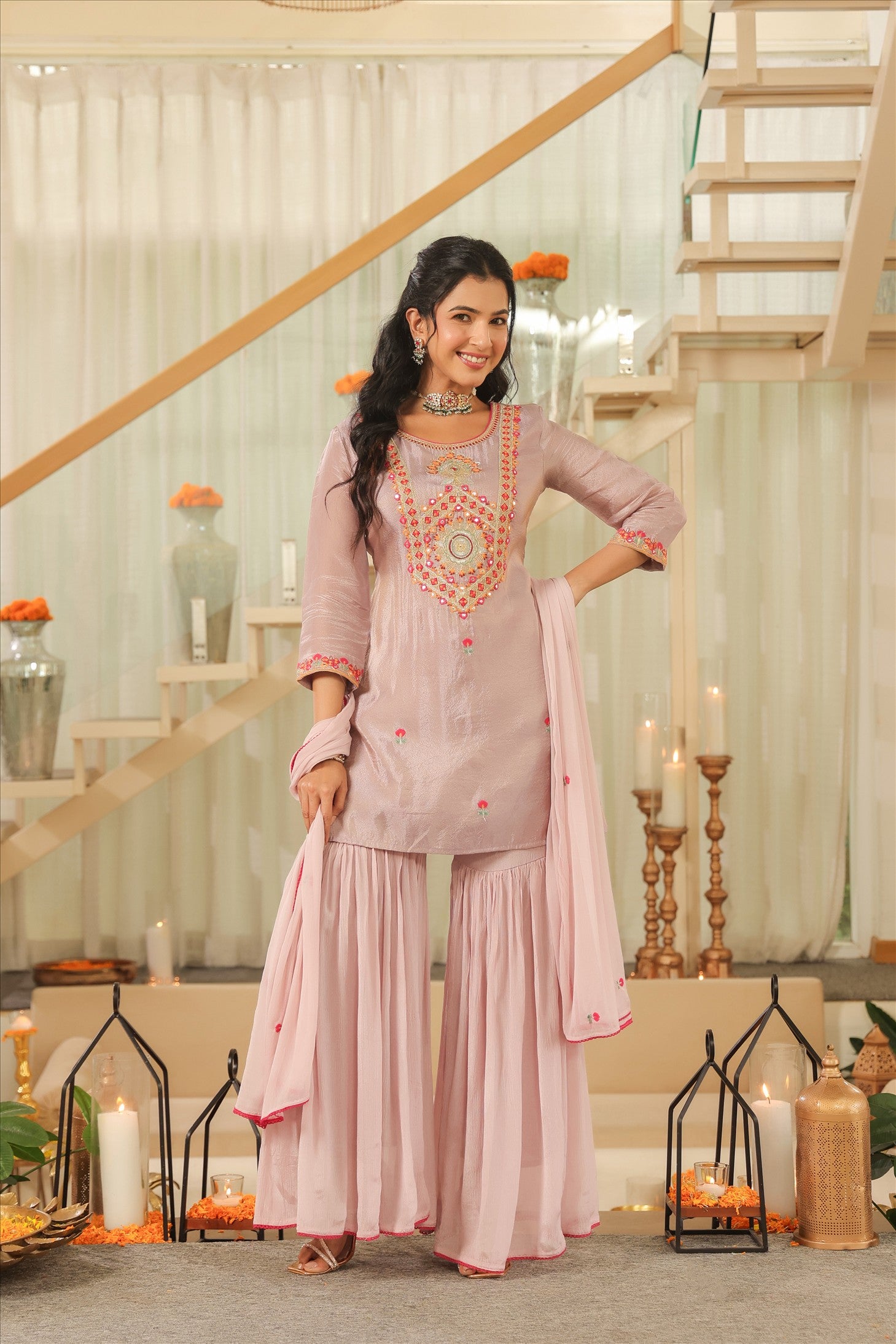 Lavender Shimmer Tissue Embroidered Sharara Set