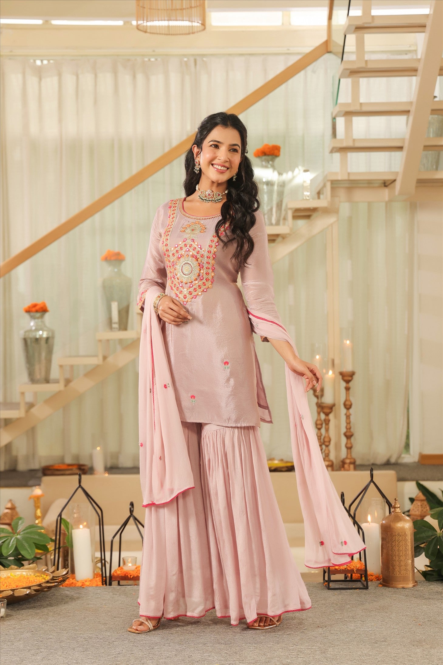 Lavender Shimmer Tissue Embroidered Sharara Set