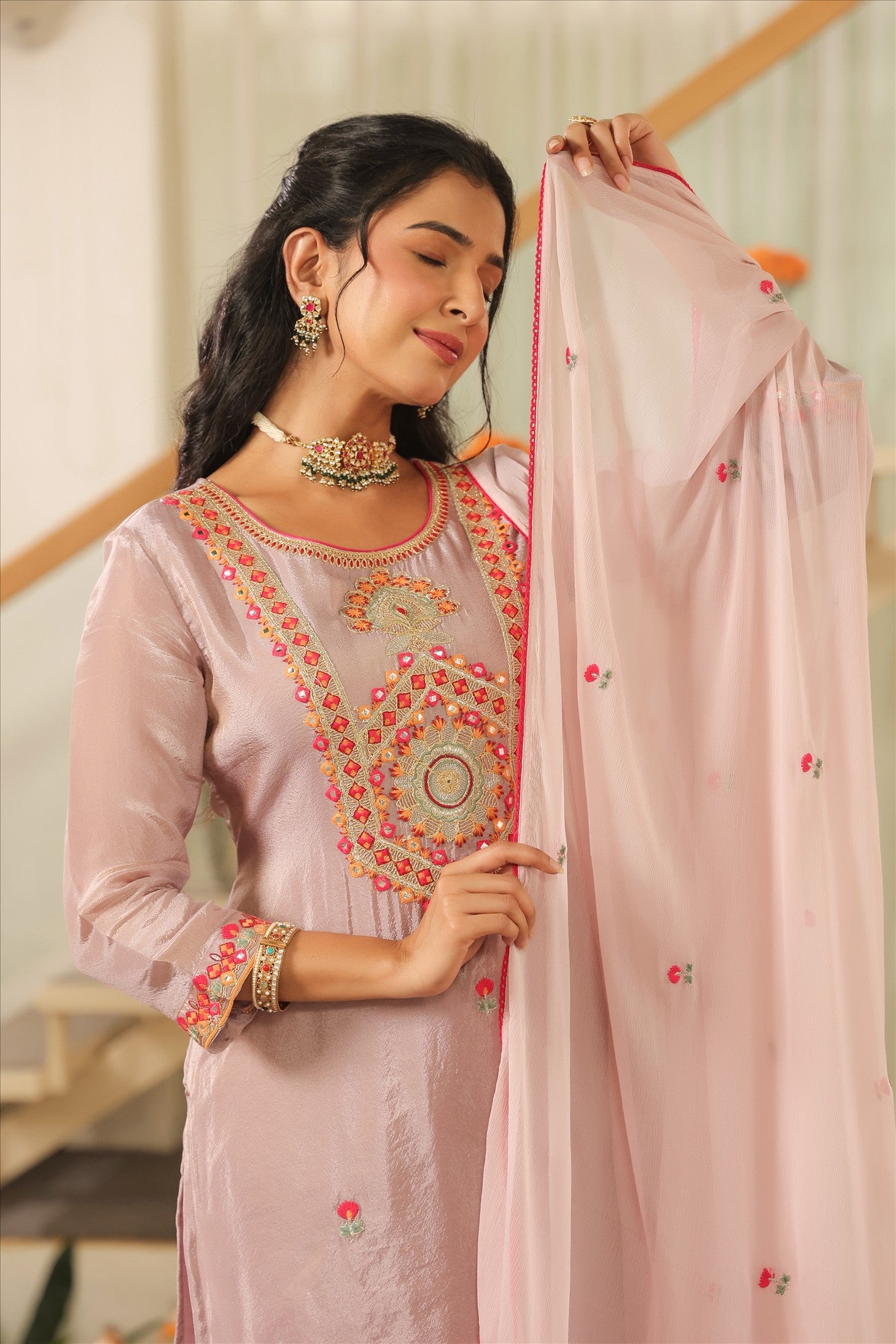 Lavender Shimmer Tissue Embroidered Sharara Set