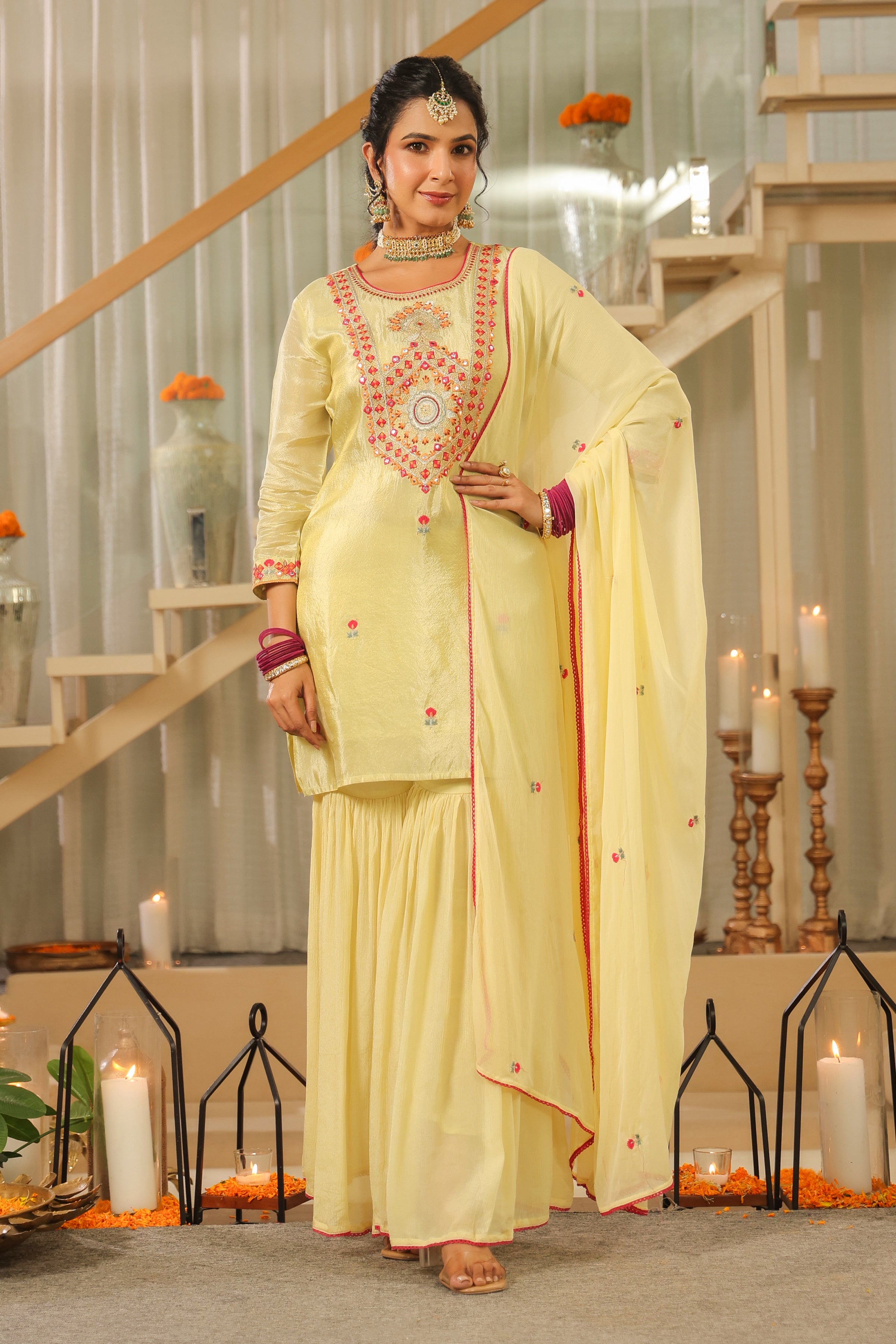 Pista Green Shimmer Tissue Embroidered Sharara Set