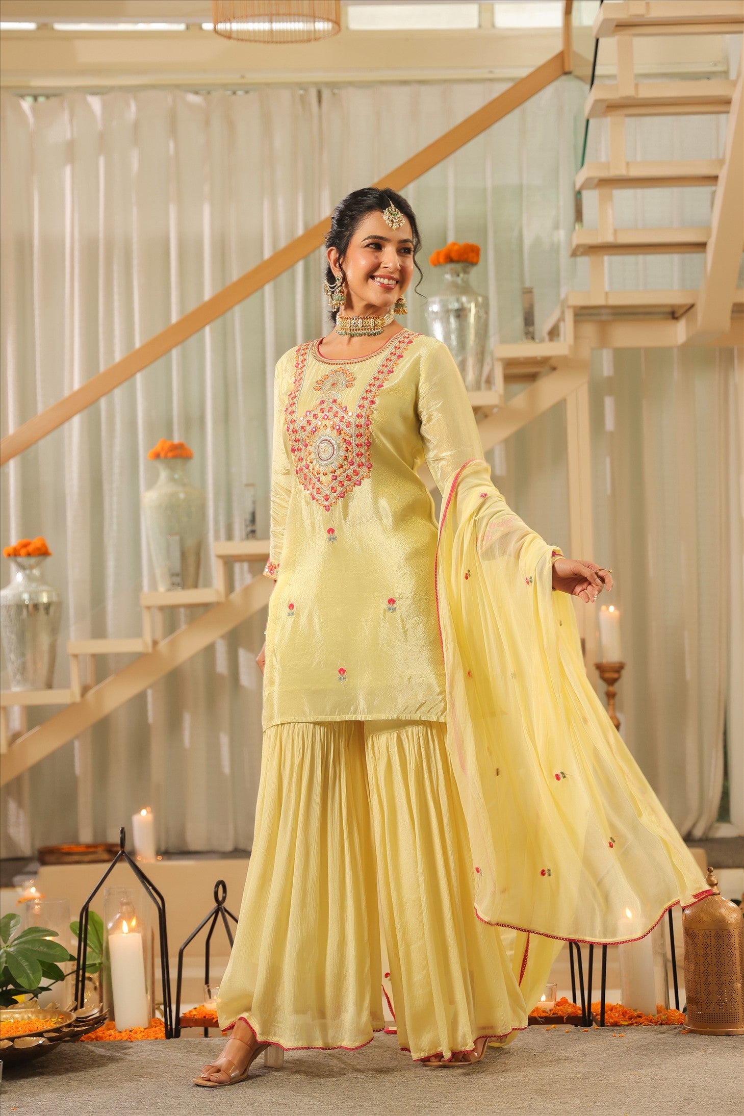 Pista Green Shimmer Tissue Embroidered Sharara Set