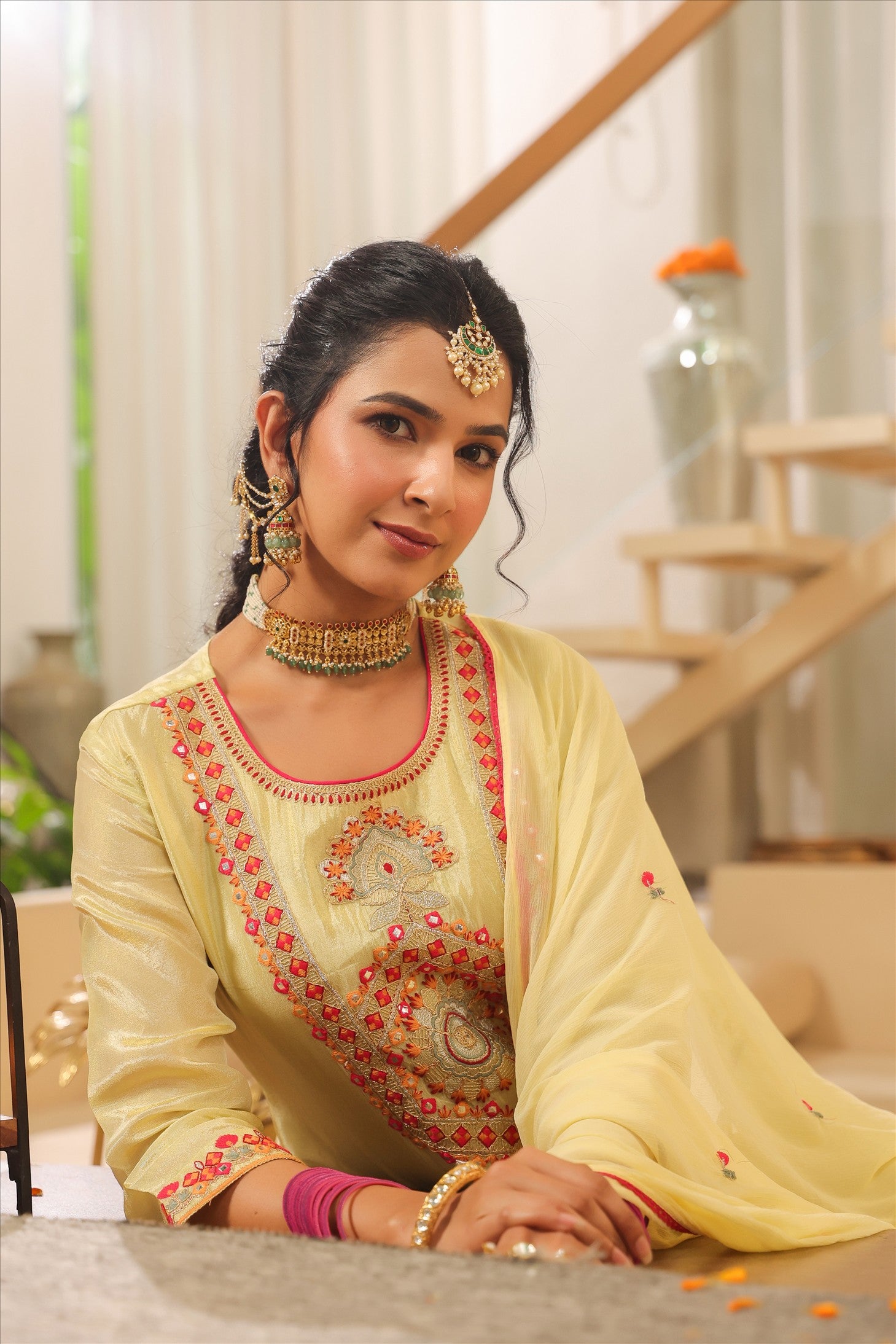 Pista Green Shimmer Tissue Embroidered Sharara Set