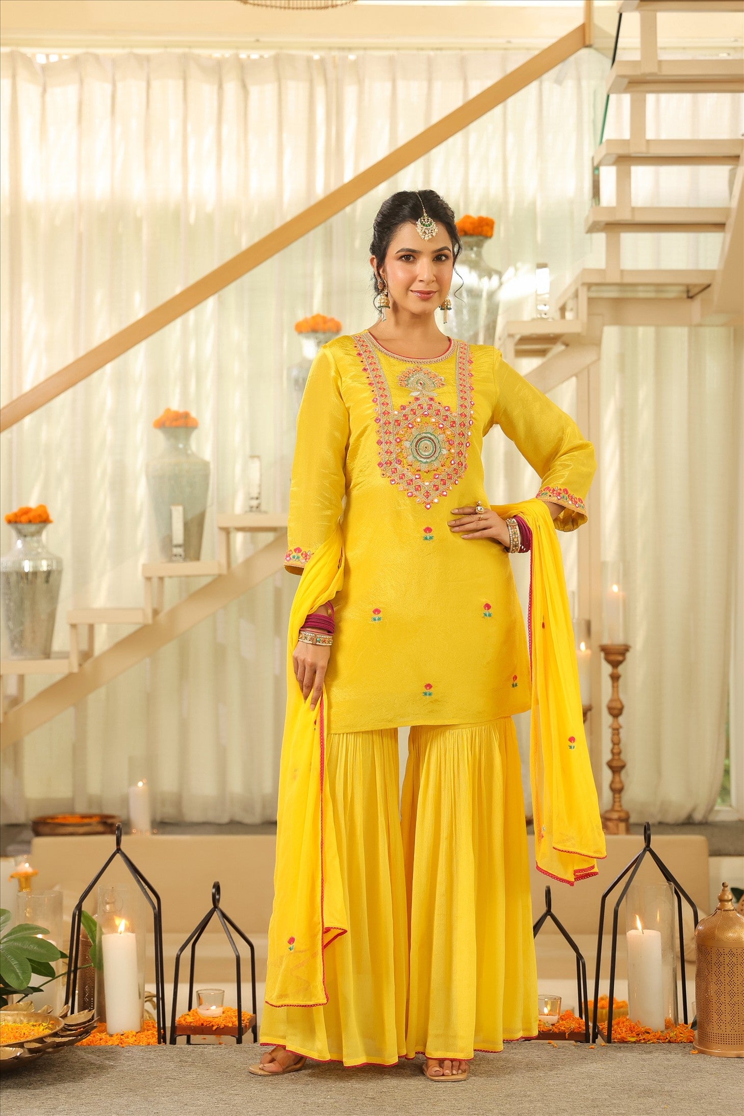 Yellow Shimmer Tissue Embroidered Sharara Set