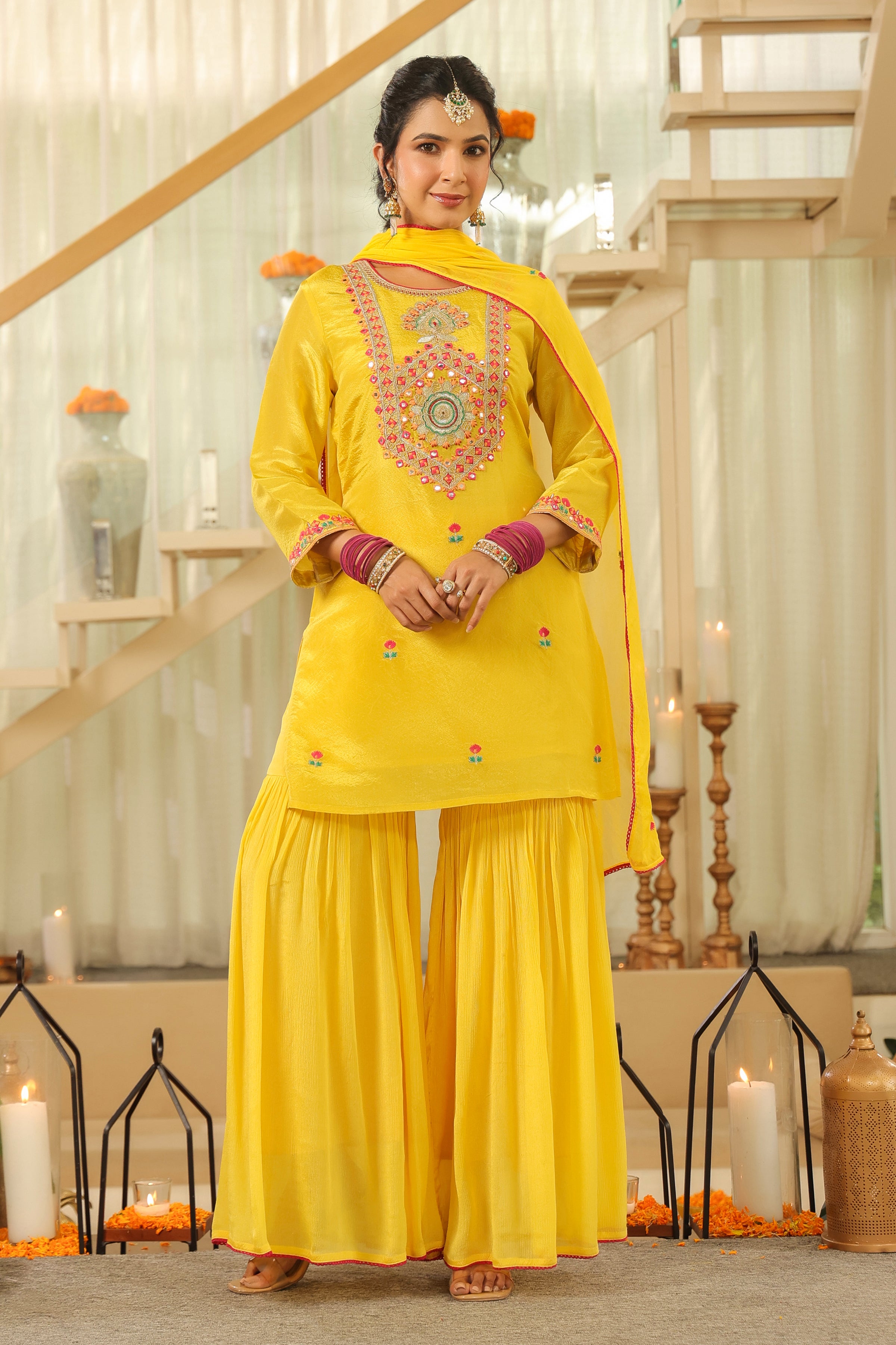Yellow Shimmer Tissue Embroidered Sharara Set
