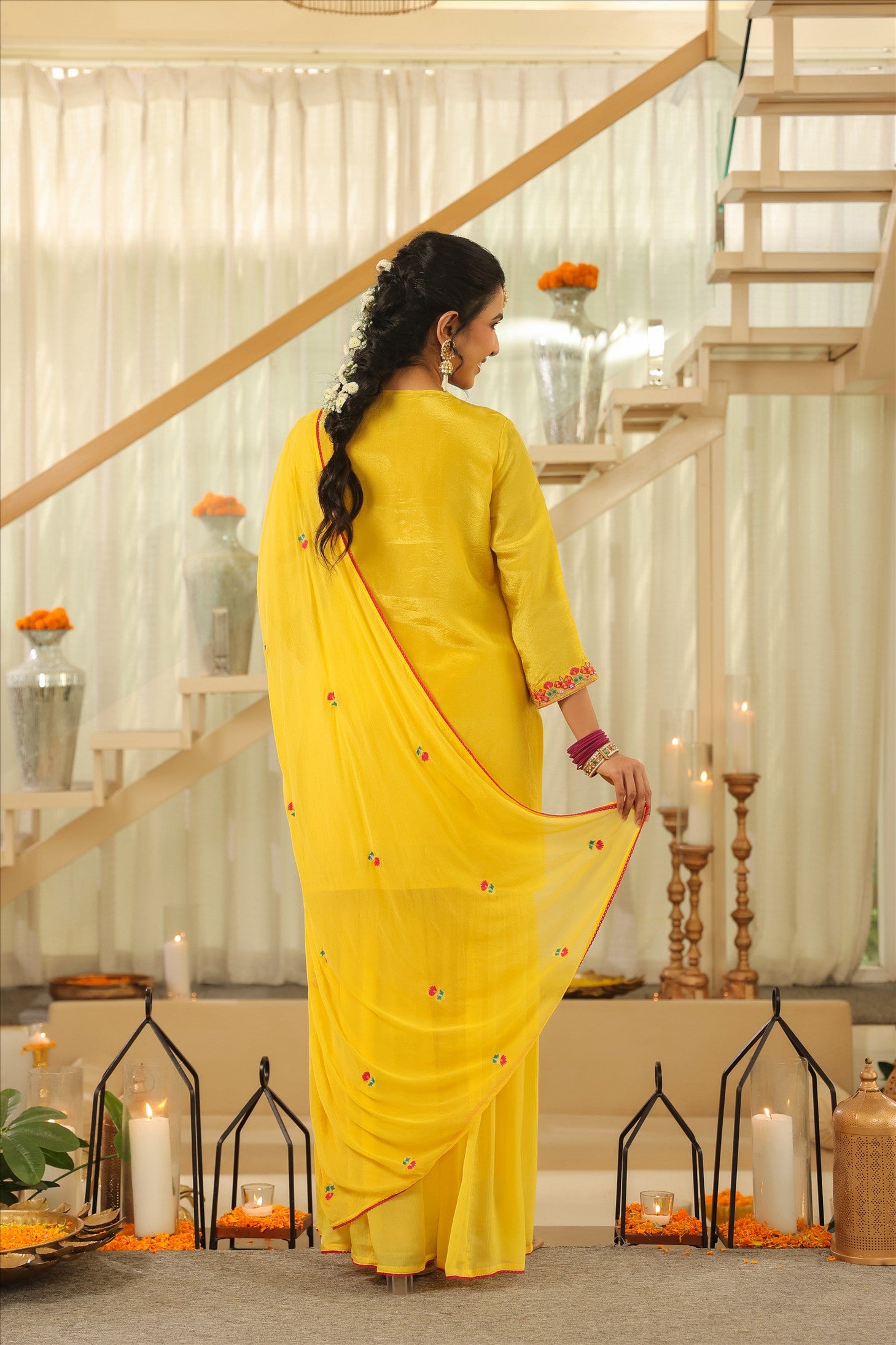 Yellow Shimmer Tissue Embroidered Sharara Set