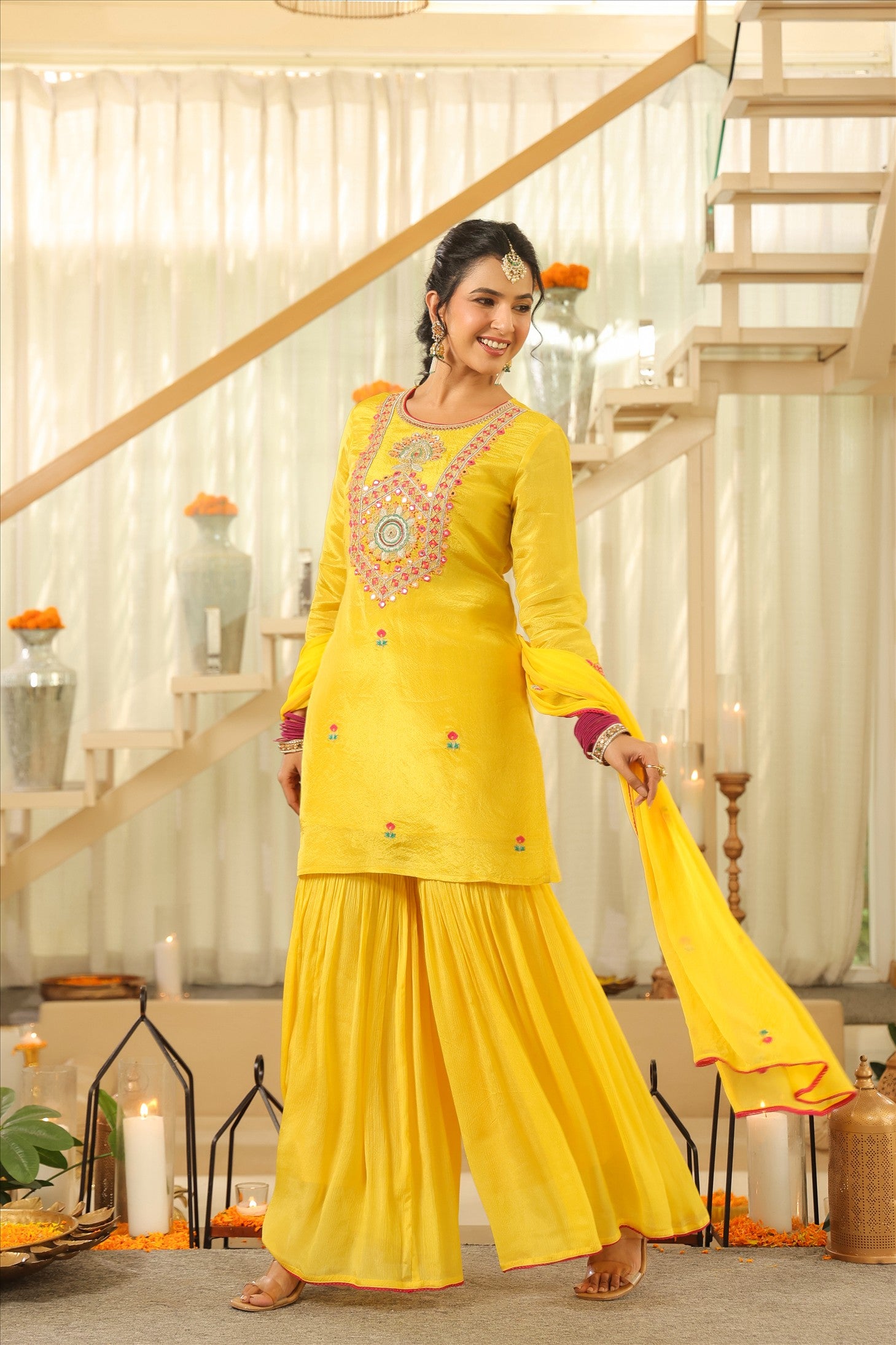 Yellow Shimmer Tissue Embroidered Sharara Set