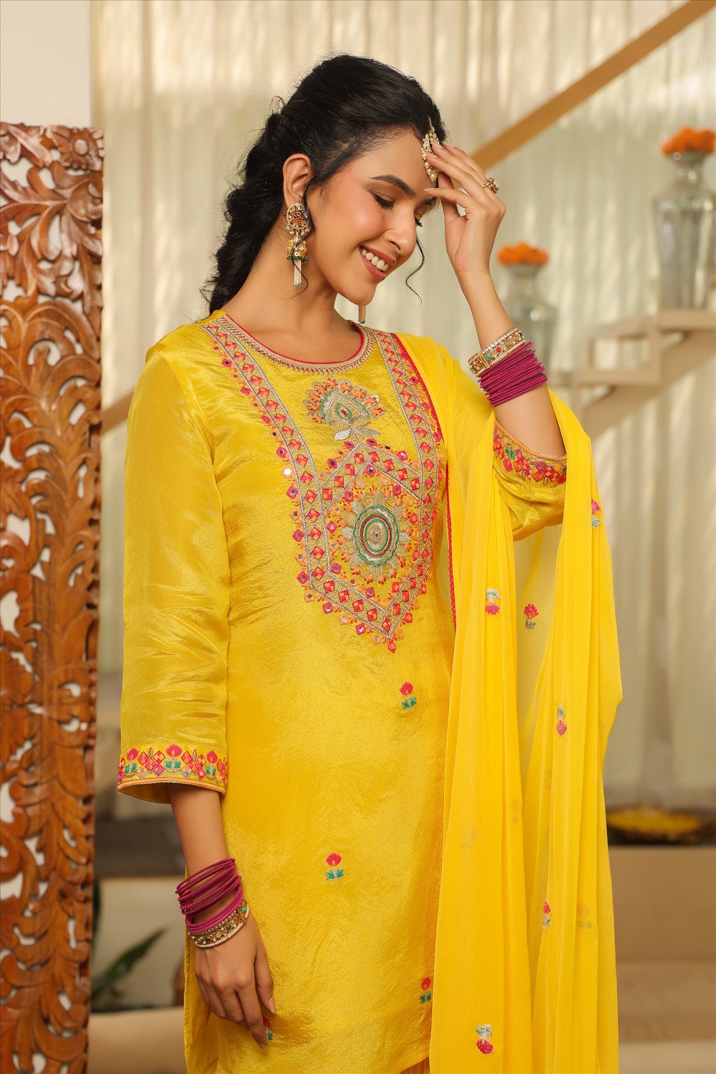Yellow Shimmer Tissue Embroidered Sharara Set