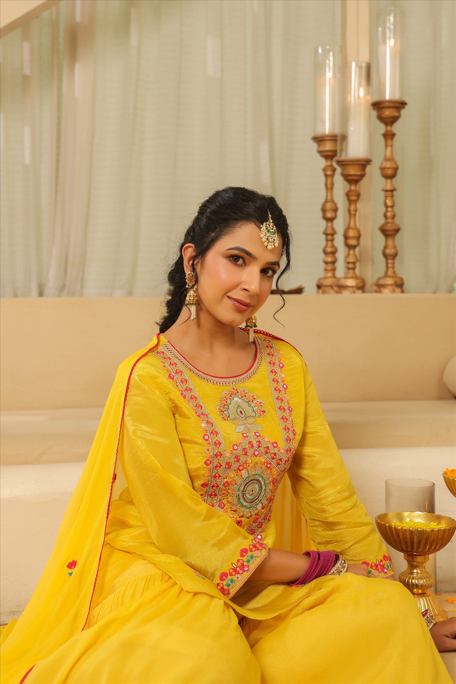 Yellow Shimmer Tissue Embroidered Sharara Set