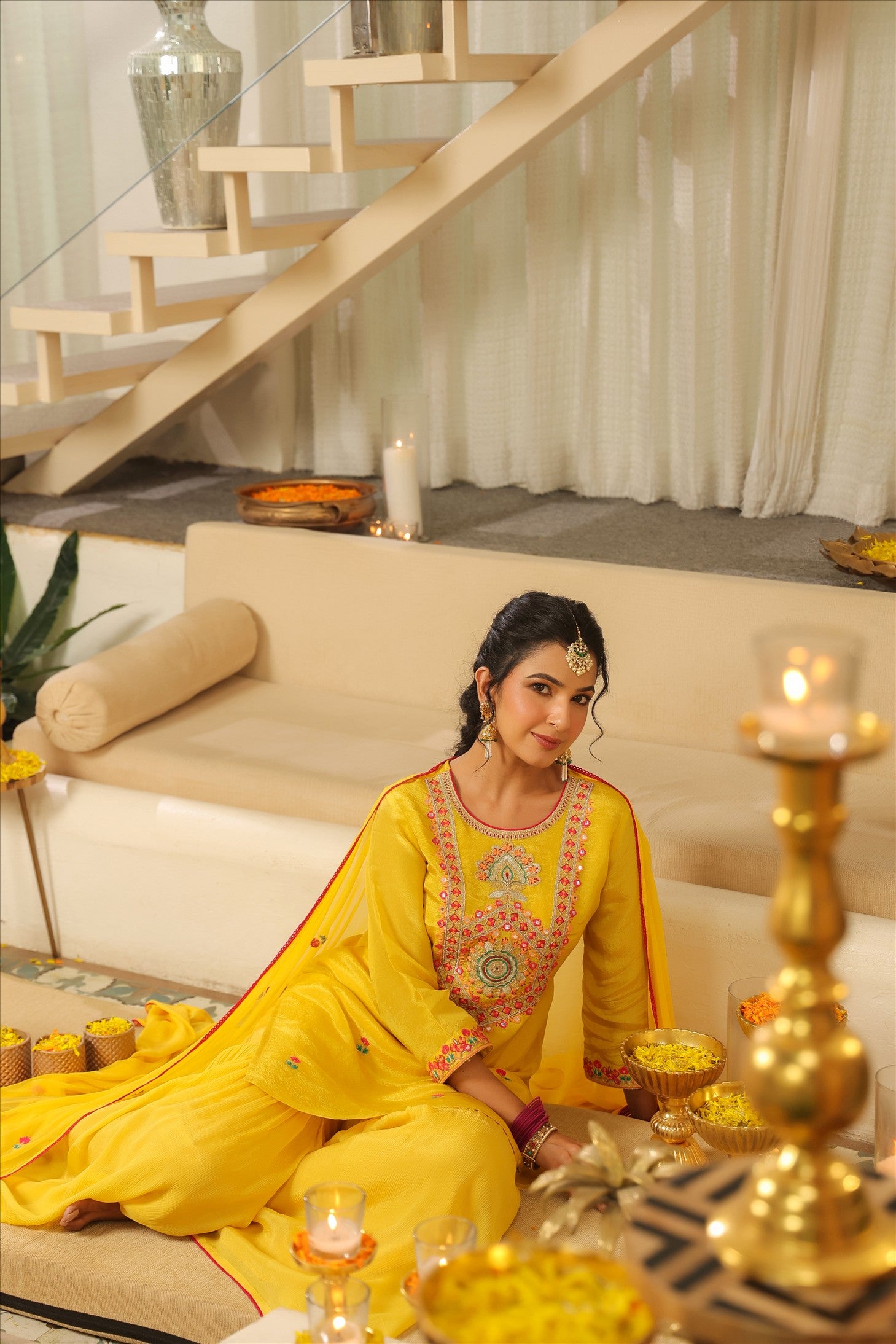 Yellow Shimmer Tissue Embroidered Sharara Set