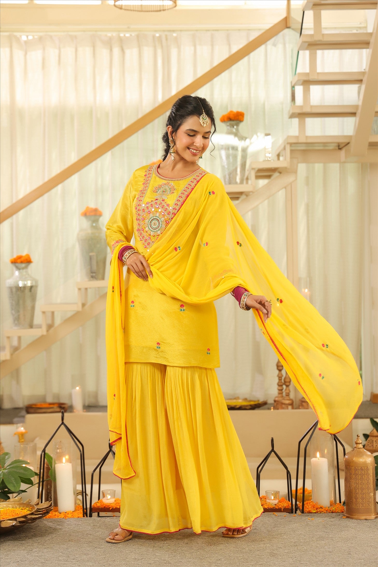 Yellow Shimmer Tissue Embroidered Sharara Set