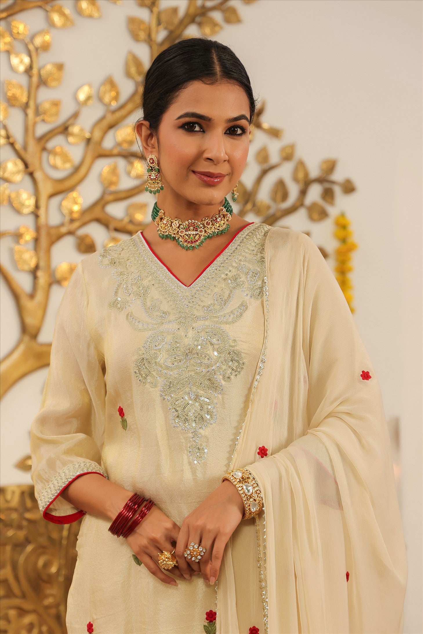 Ivory Shimmer Tissue Embroidered Straight Suit Set