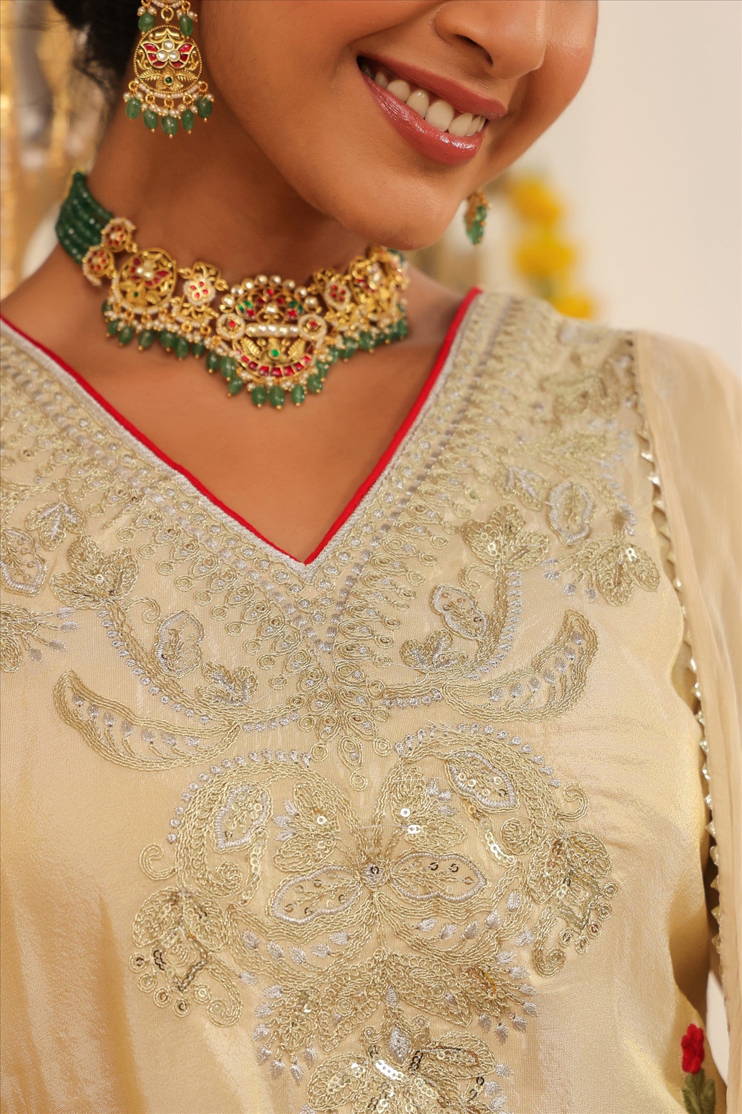 Ivory Shimmer Tissue Embroidered Straight Suit Set