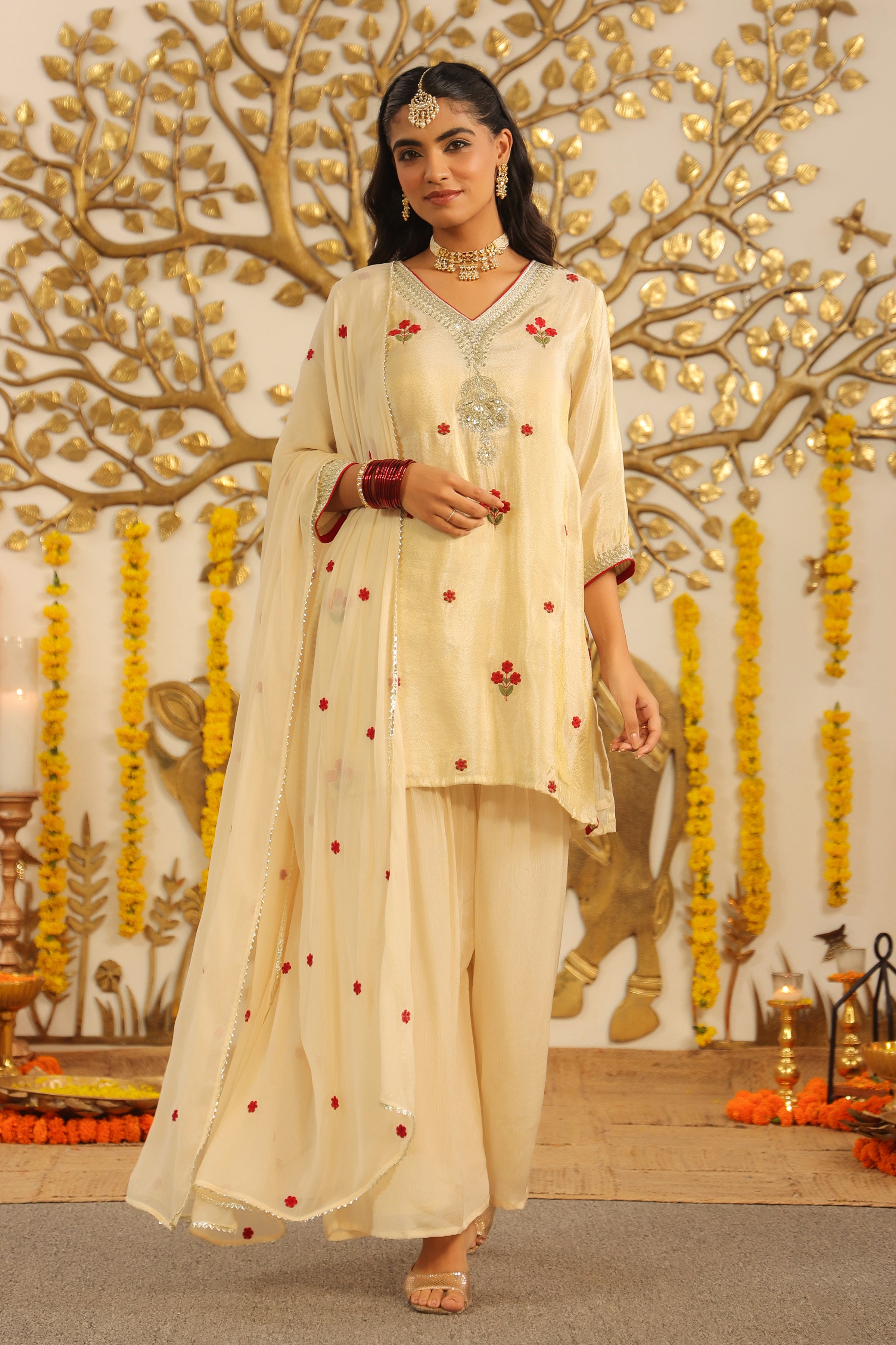 Ivory Shimmer Tissue Embroidered Sharara Set