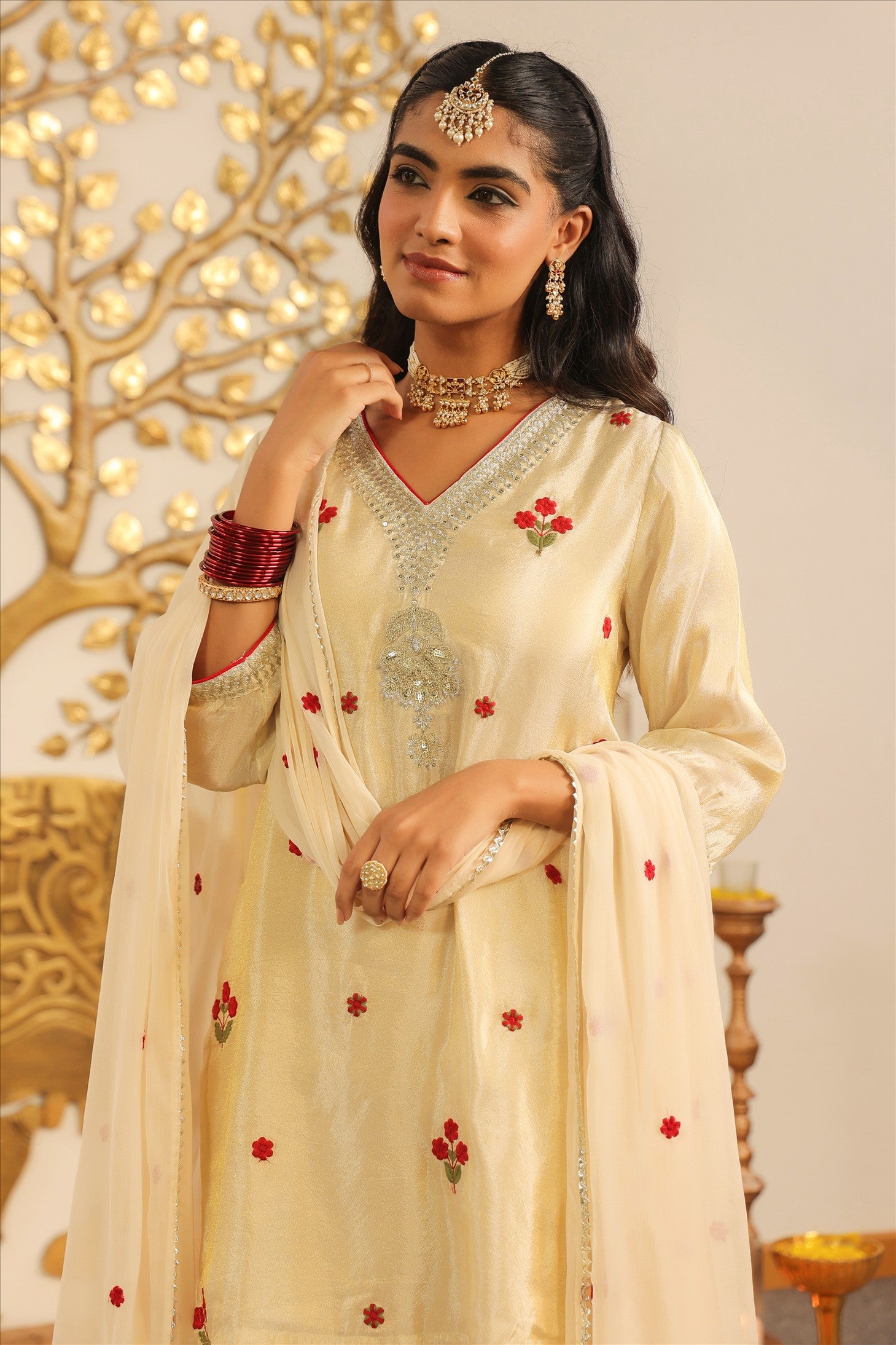 Ivory Shimmer Tissue Embroidered Sharara Set