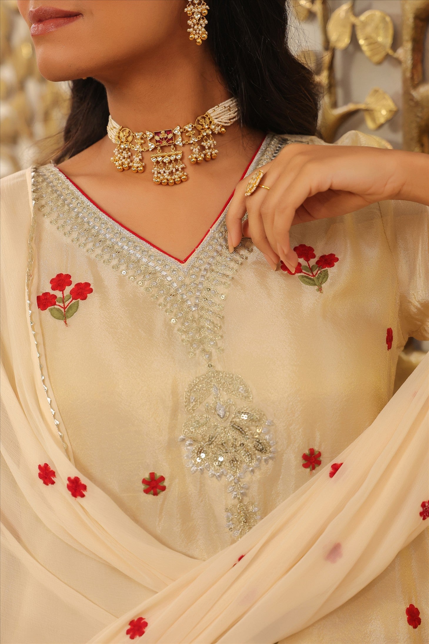 Ivory Shimmer Tissue Embroidered Sharara Set