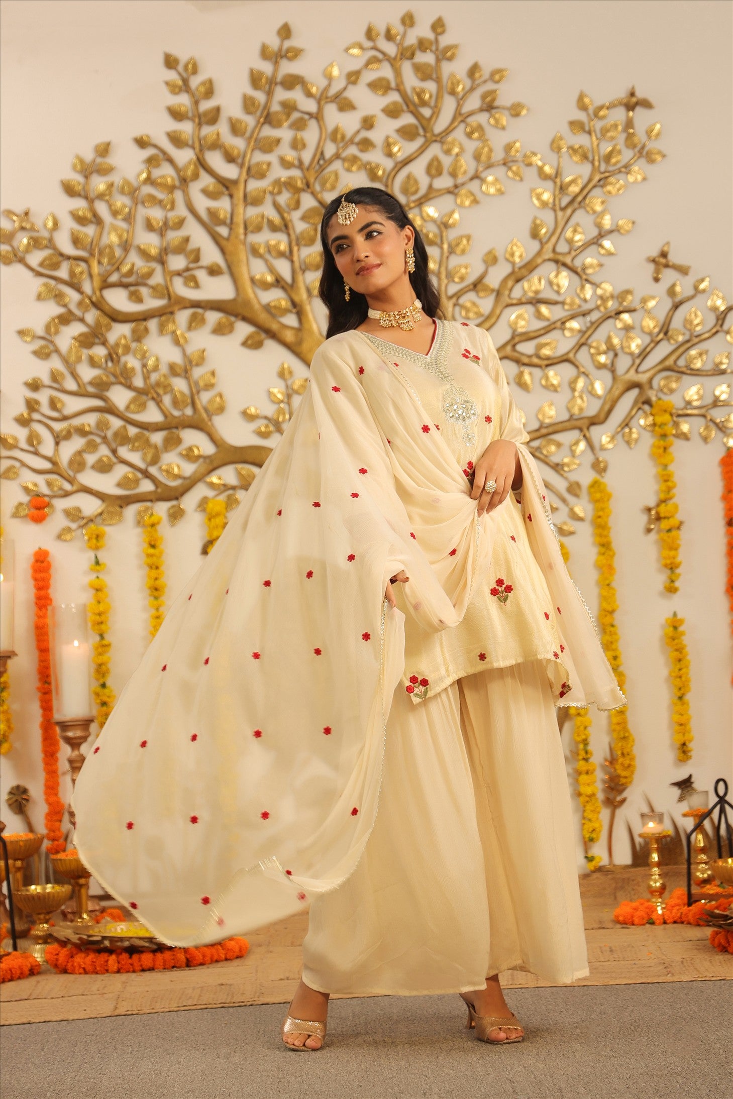 Ivory Shimmer Tissue Embroidered Sharara Set