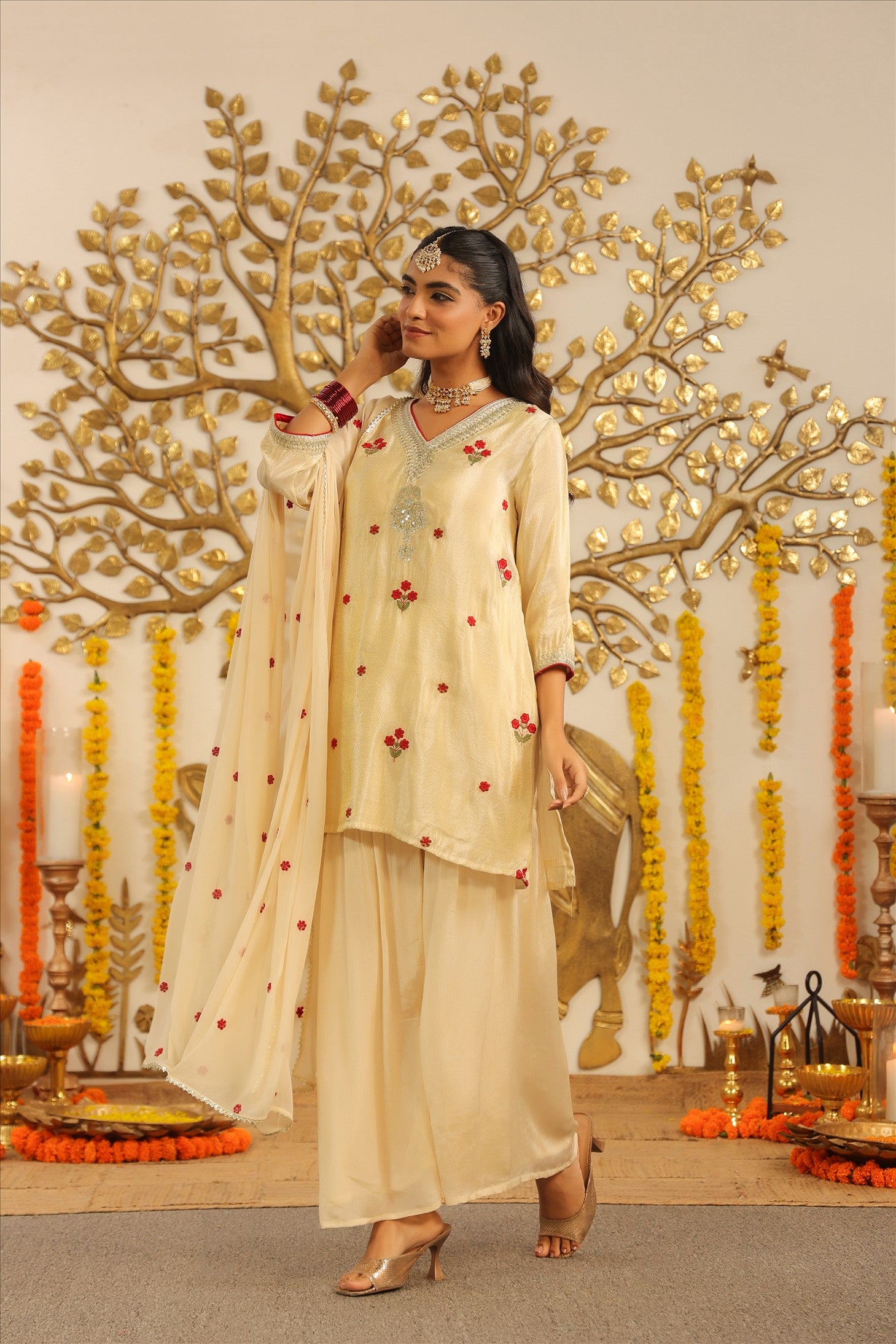 Ivory Shimmer Tissue Embroidered Sharara Set