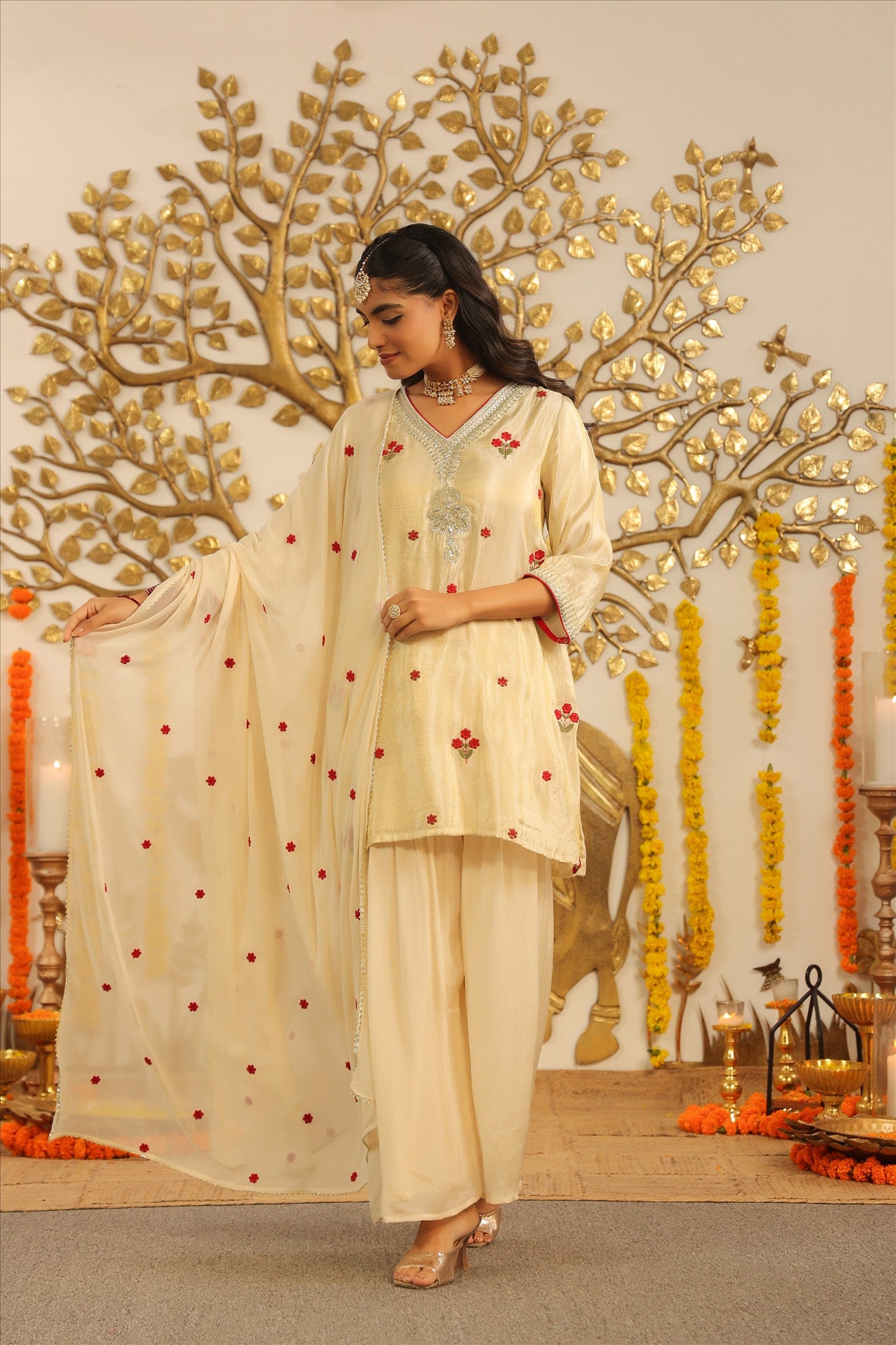 Ivory Shimmer Tissue Embroidered Sharara Set