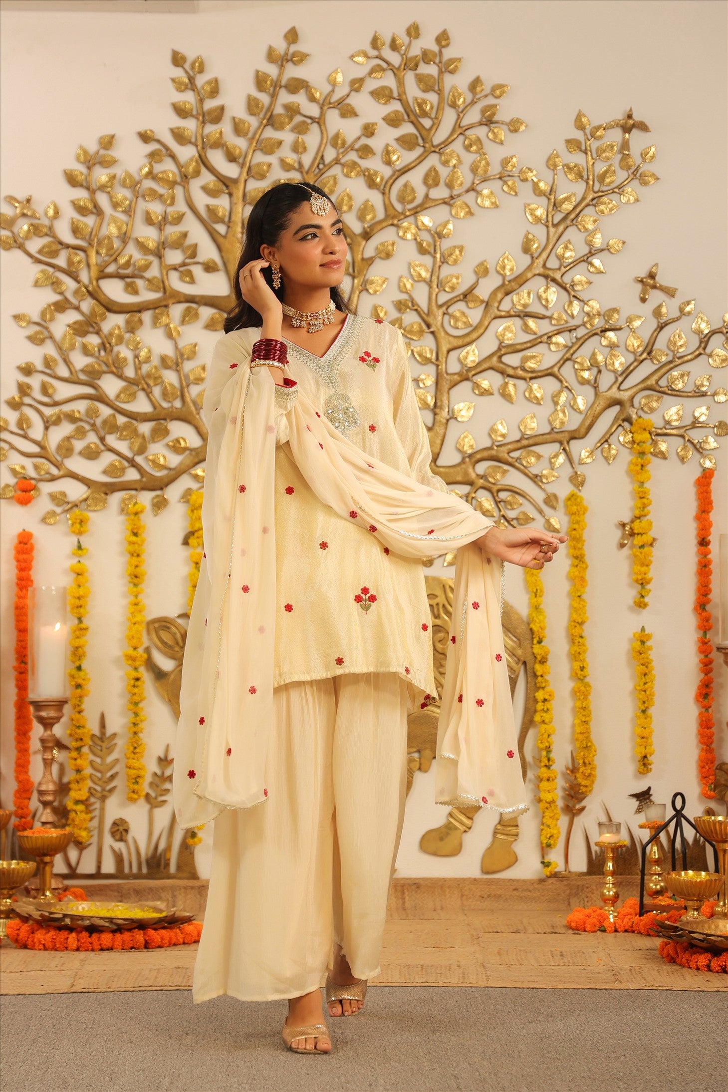 Ivory Shimmer Tissue Embroidered Sharara Set