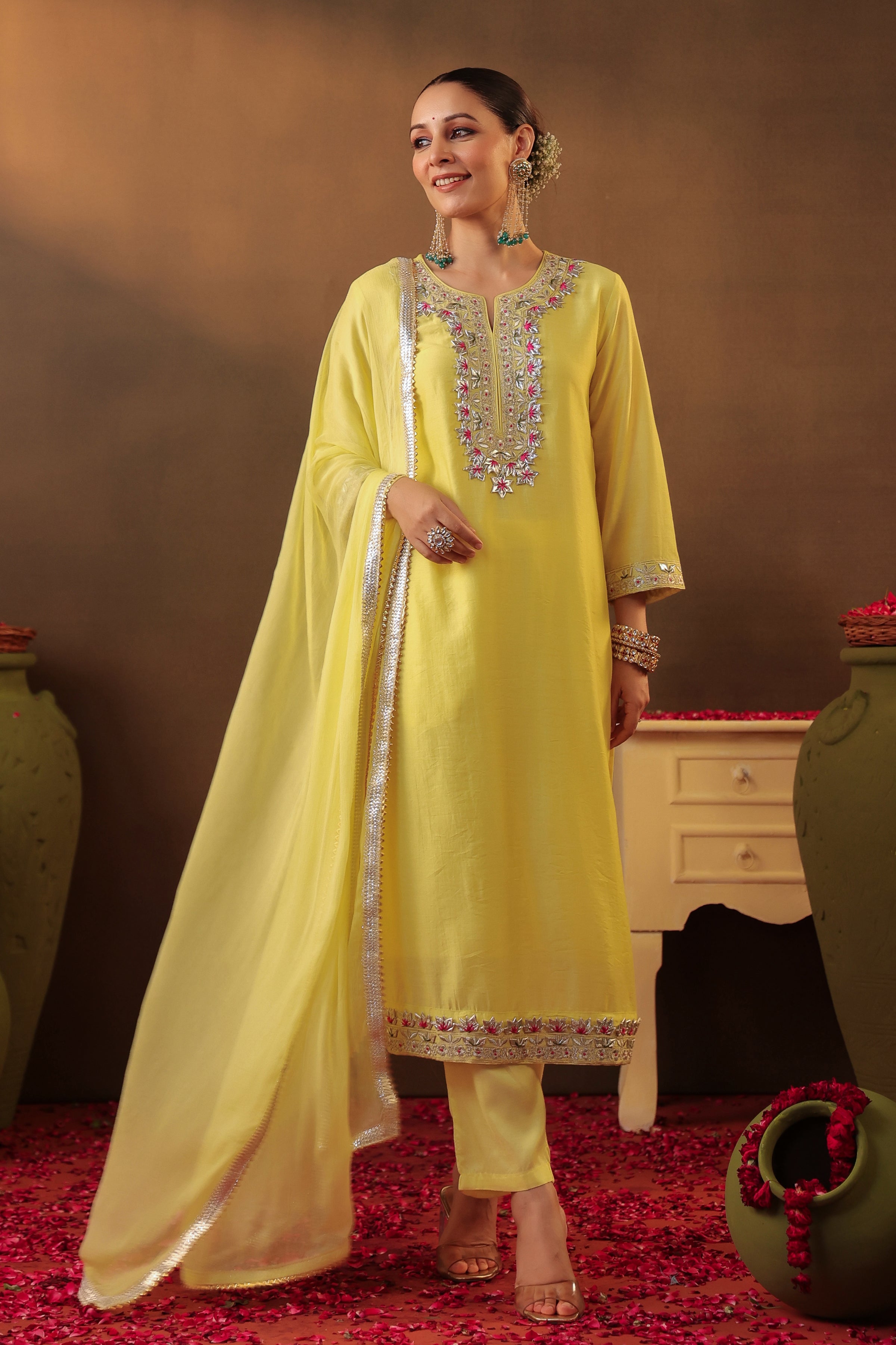 Yellow Chanderi Silk Gota Work Straight Suit Set