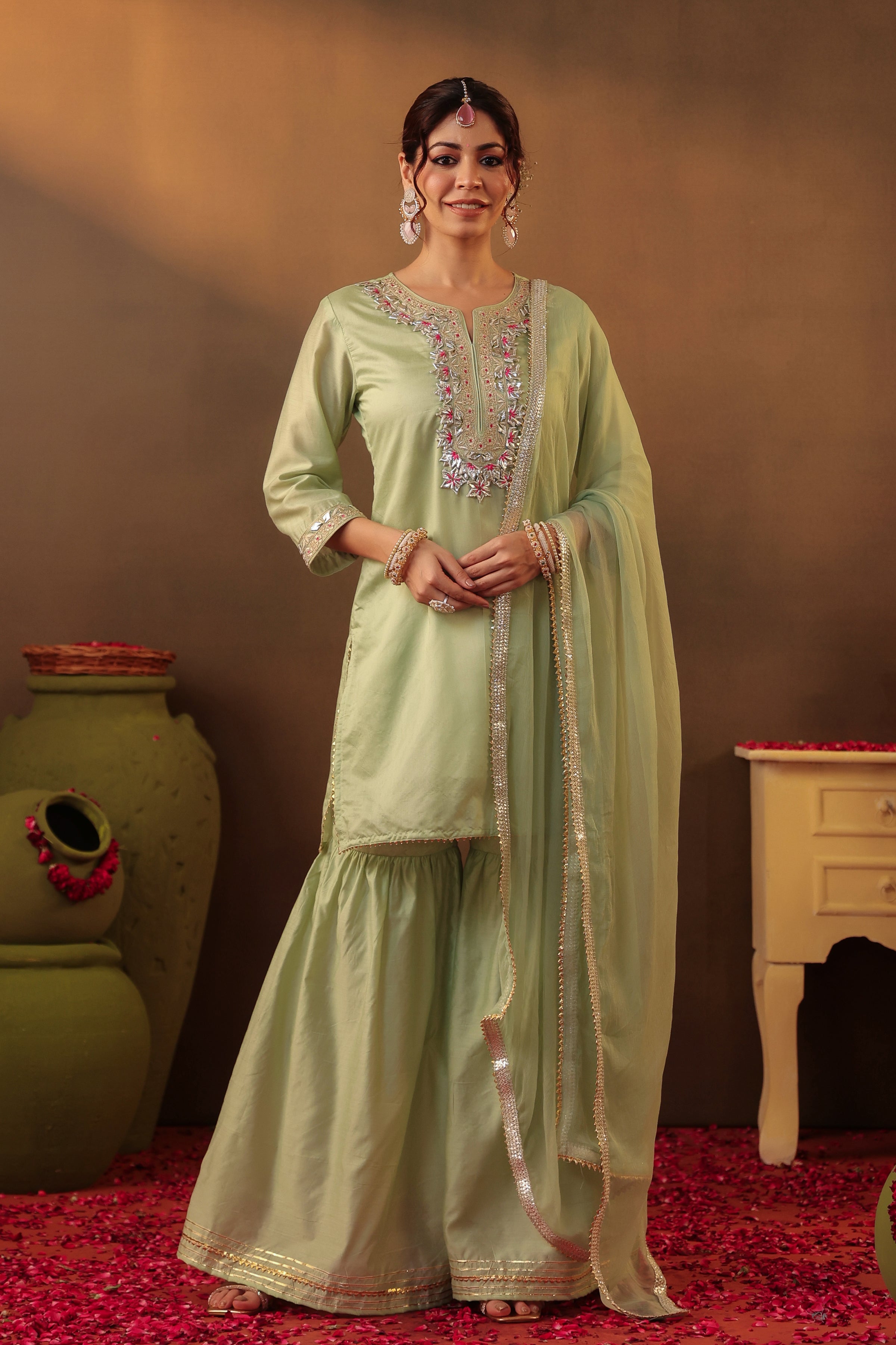 Pista Green Chanderi Silk Gota Work Sharara Set
