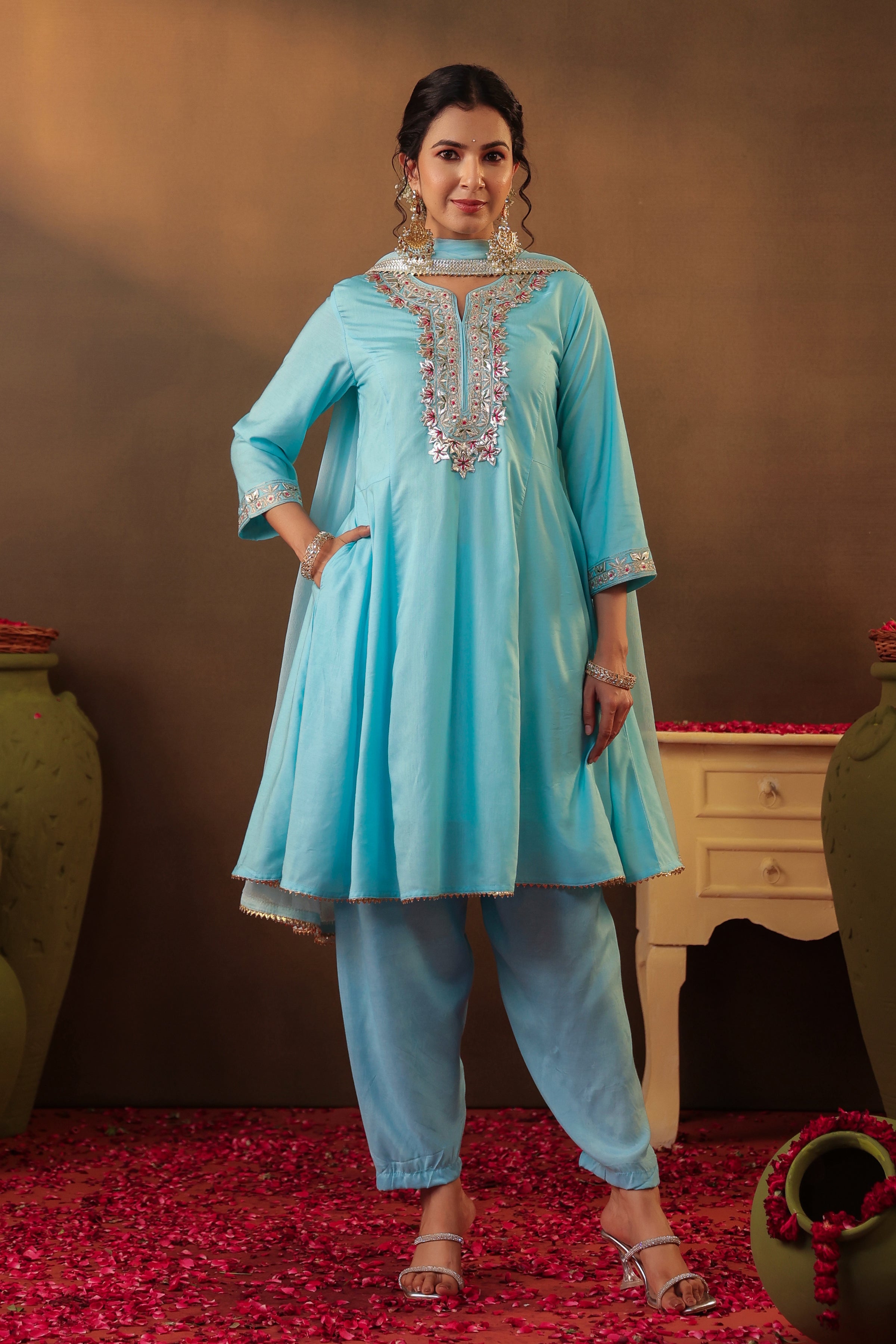 Aqua Chanderi Silk Gota Patti Work Anarkali Suit Set