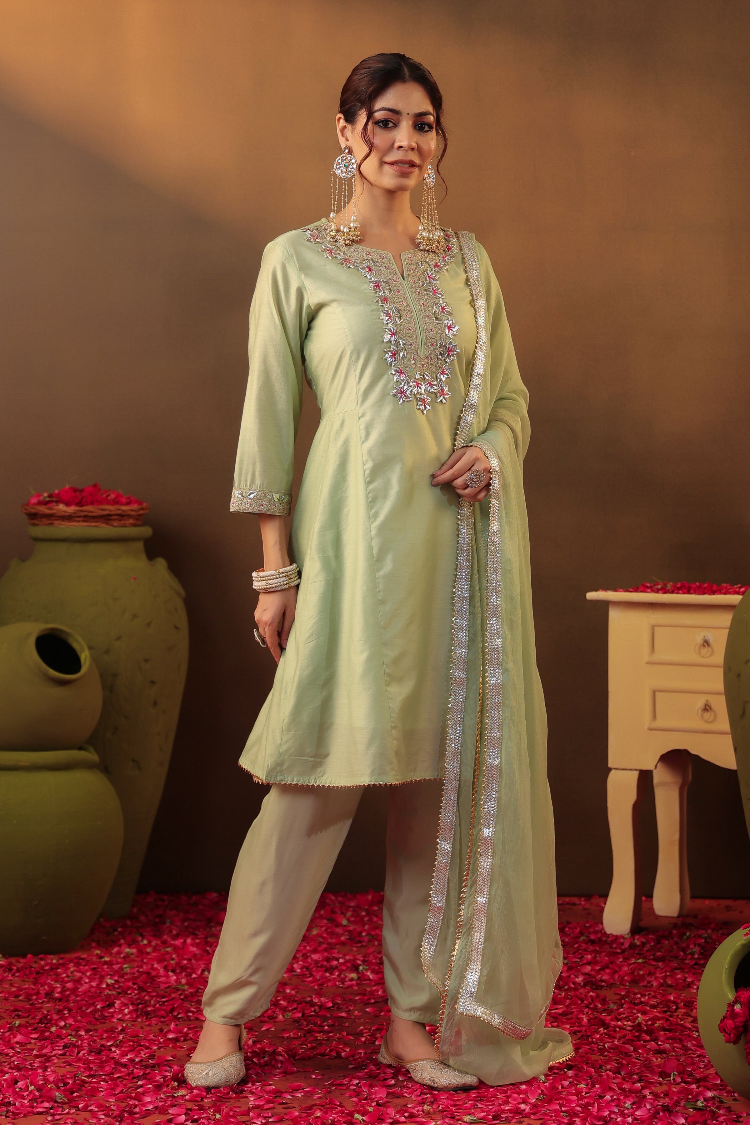 Pista Green Chanderi Silk Gota Patti Work Anarkali Suit Set
