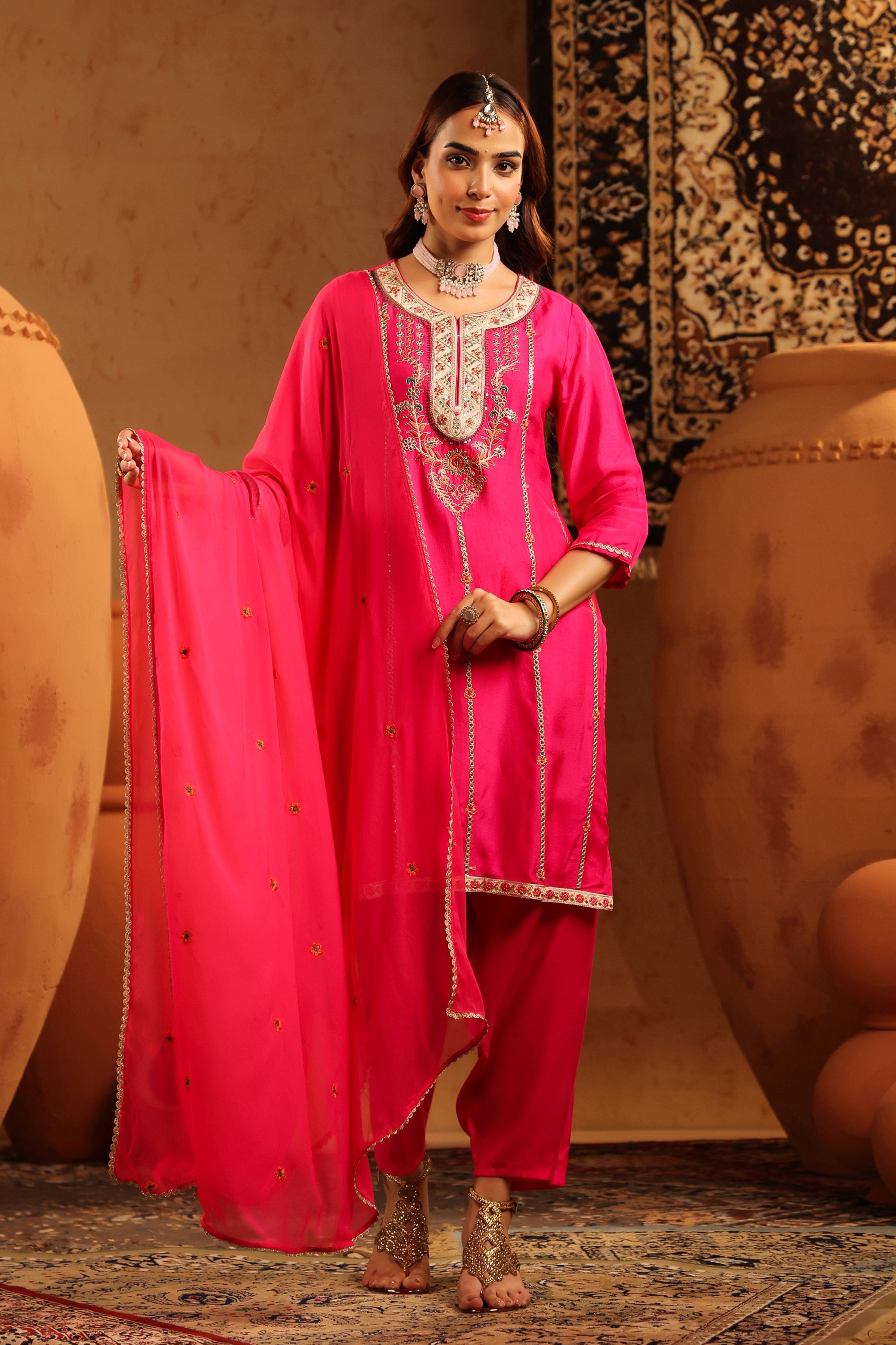 Fuchsia Silk Embroidered Straight Suit Set