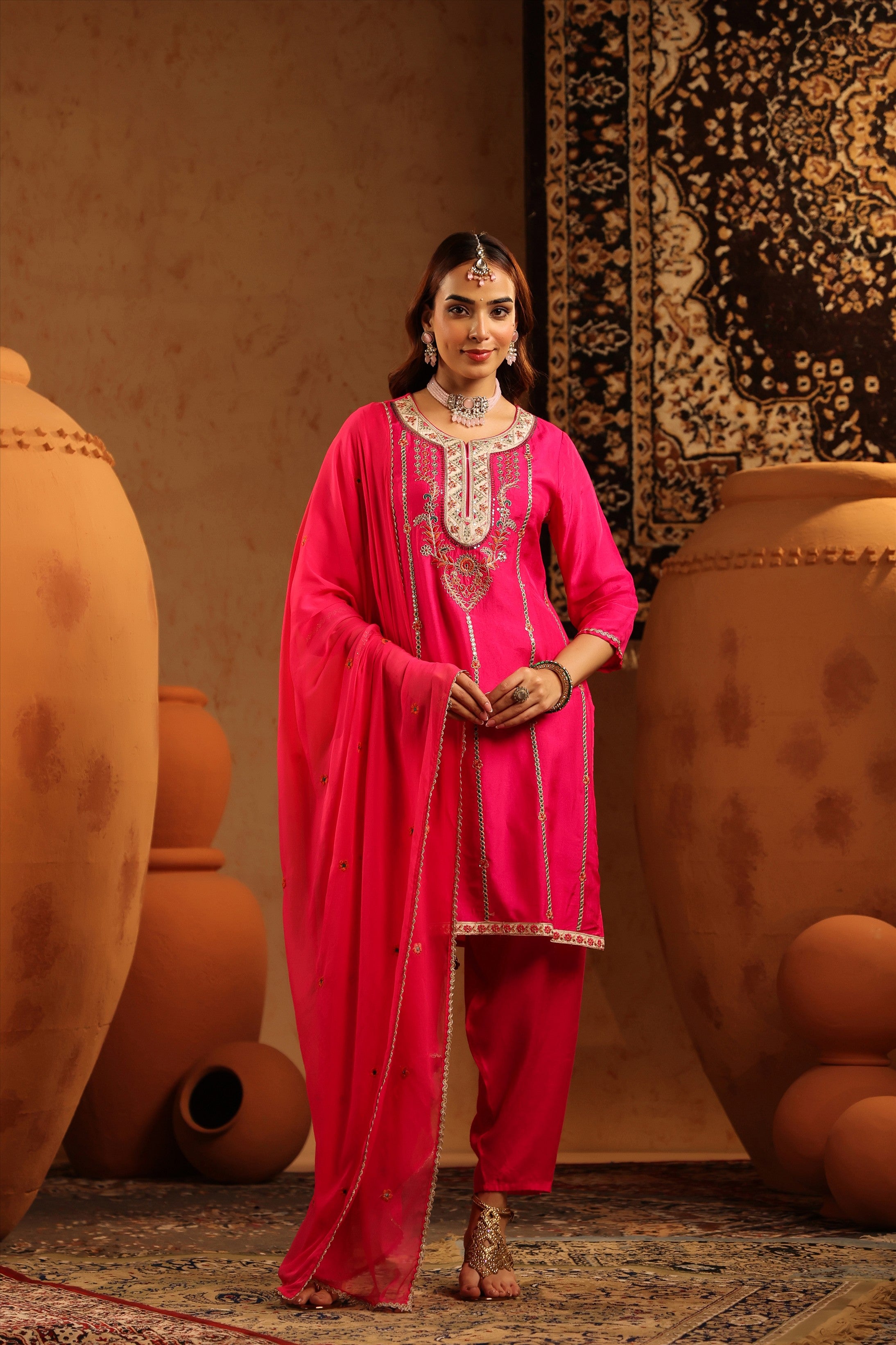 Fuchsia Silk Embroidered Straight Suit Set