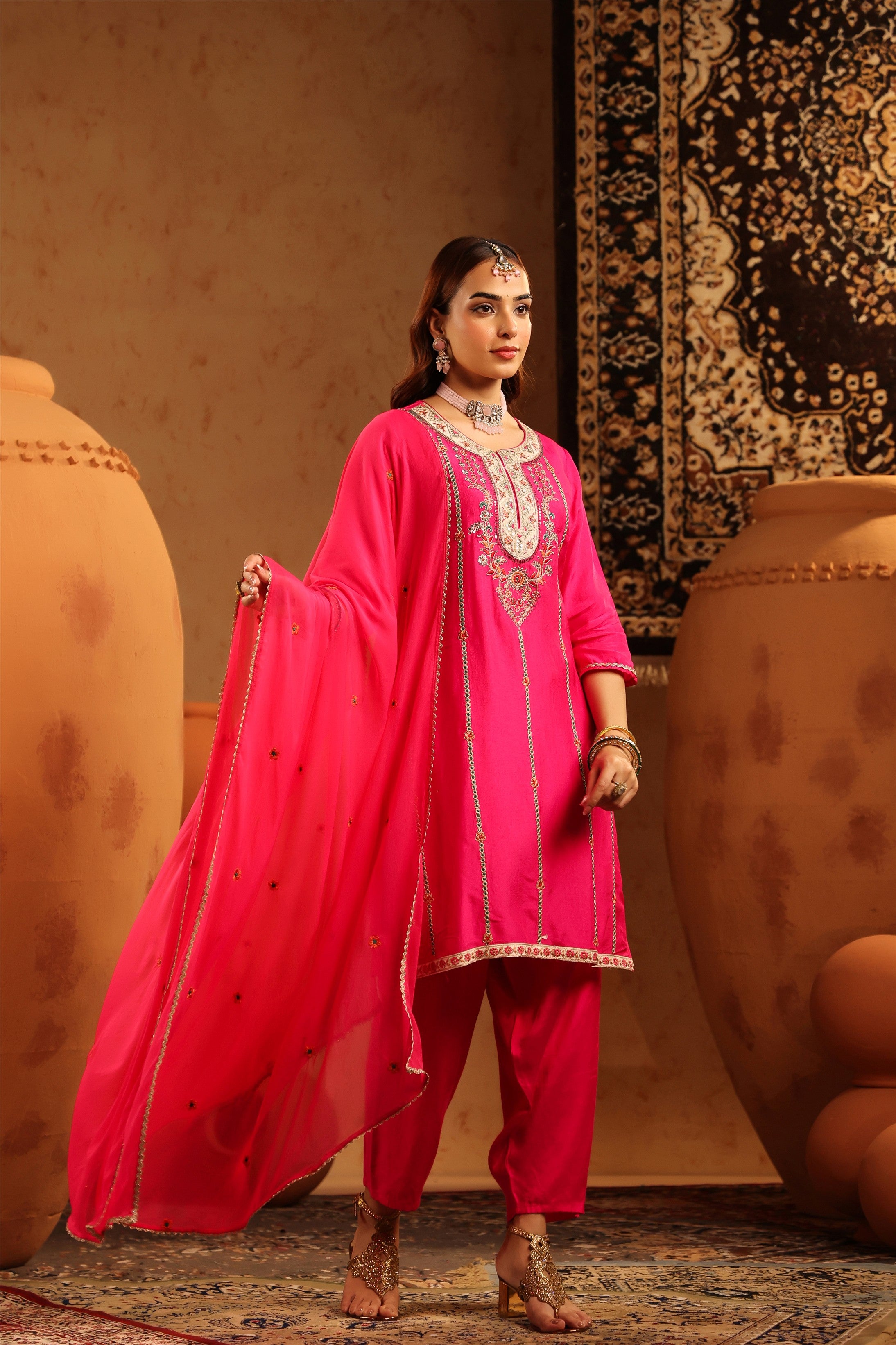 Fuchsia Silk Embroidered Straight Suit Set