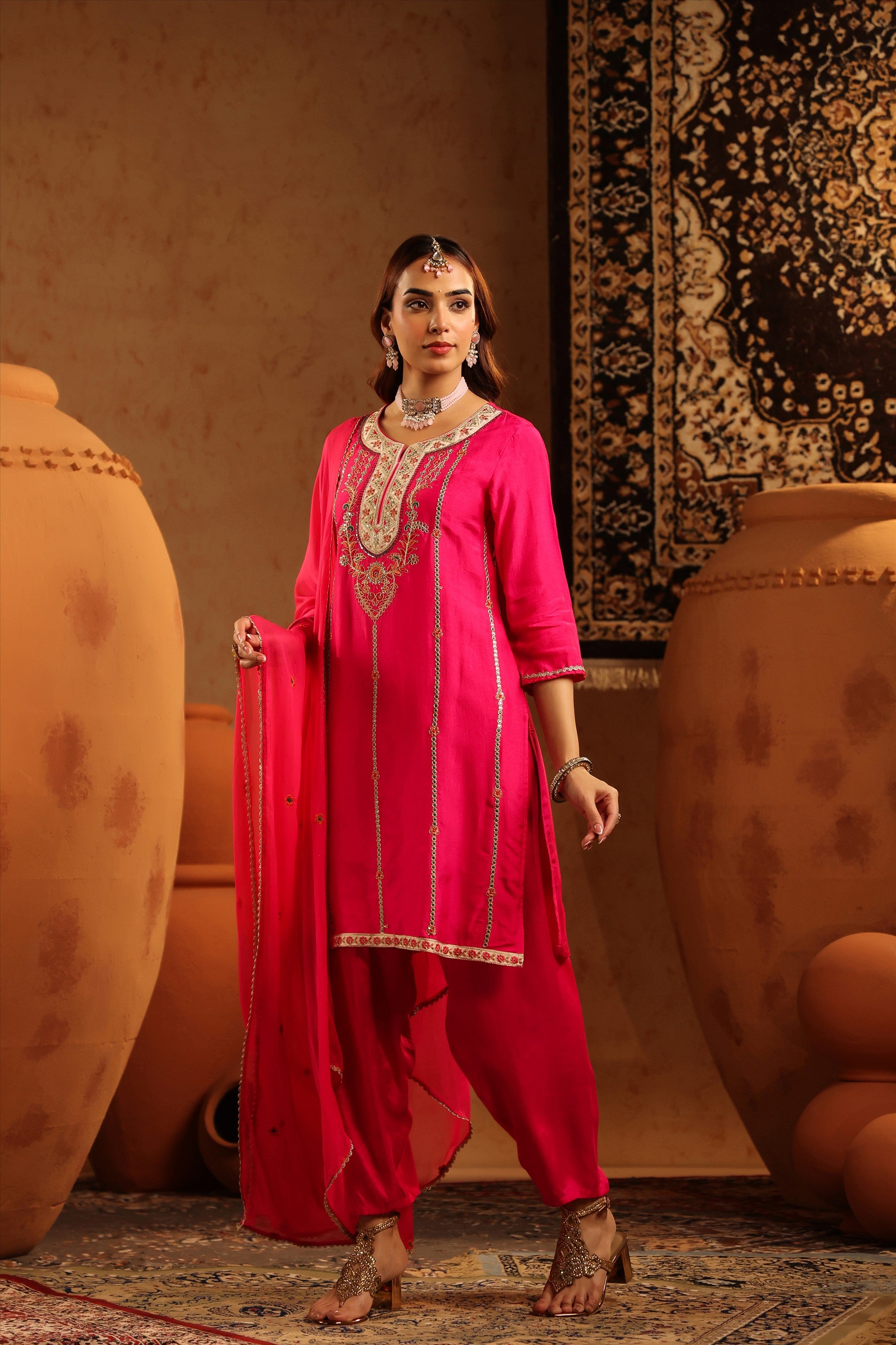 Fuchsia Silk Embroidered Straight Suit Set