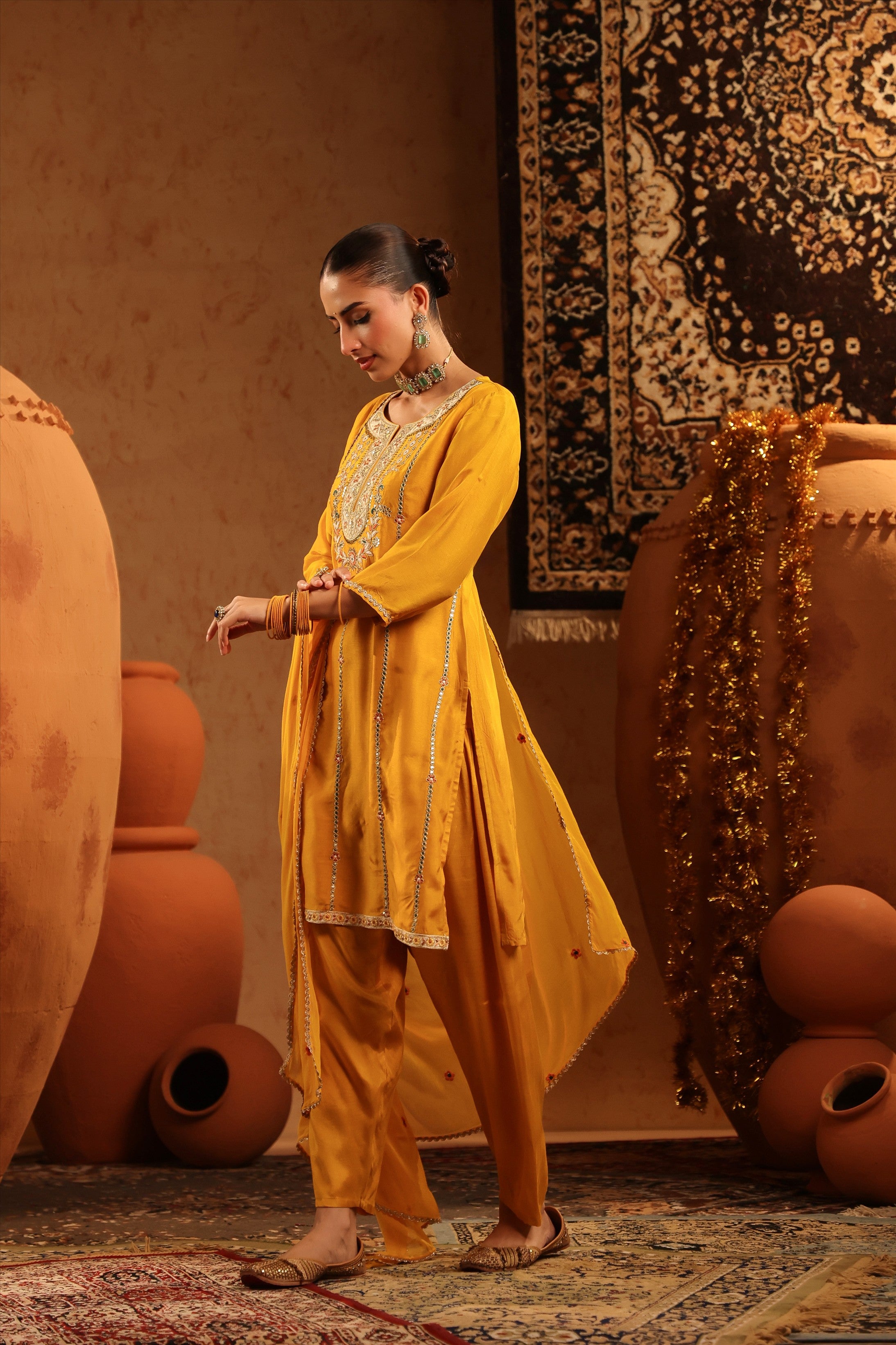 Mustard Silk Embroidered Straight Suit Set