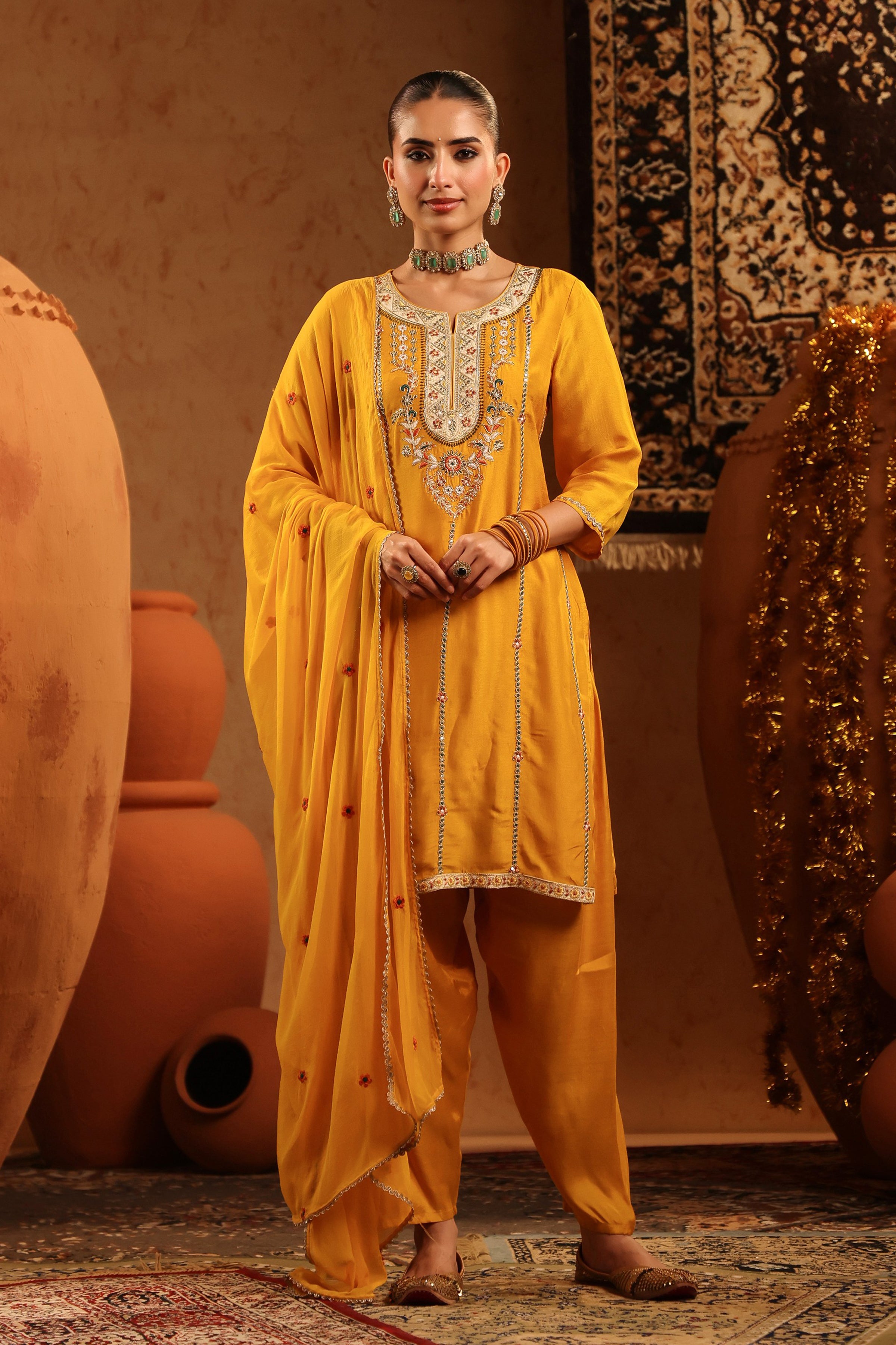 Mustard Silk Embroidered Straight Suit Set