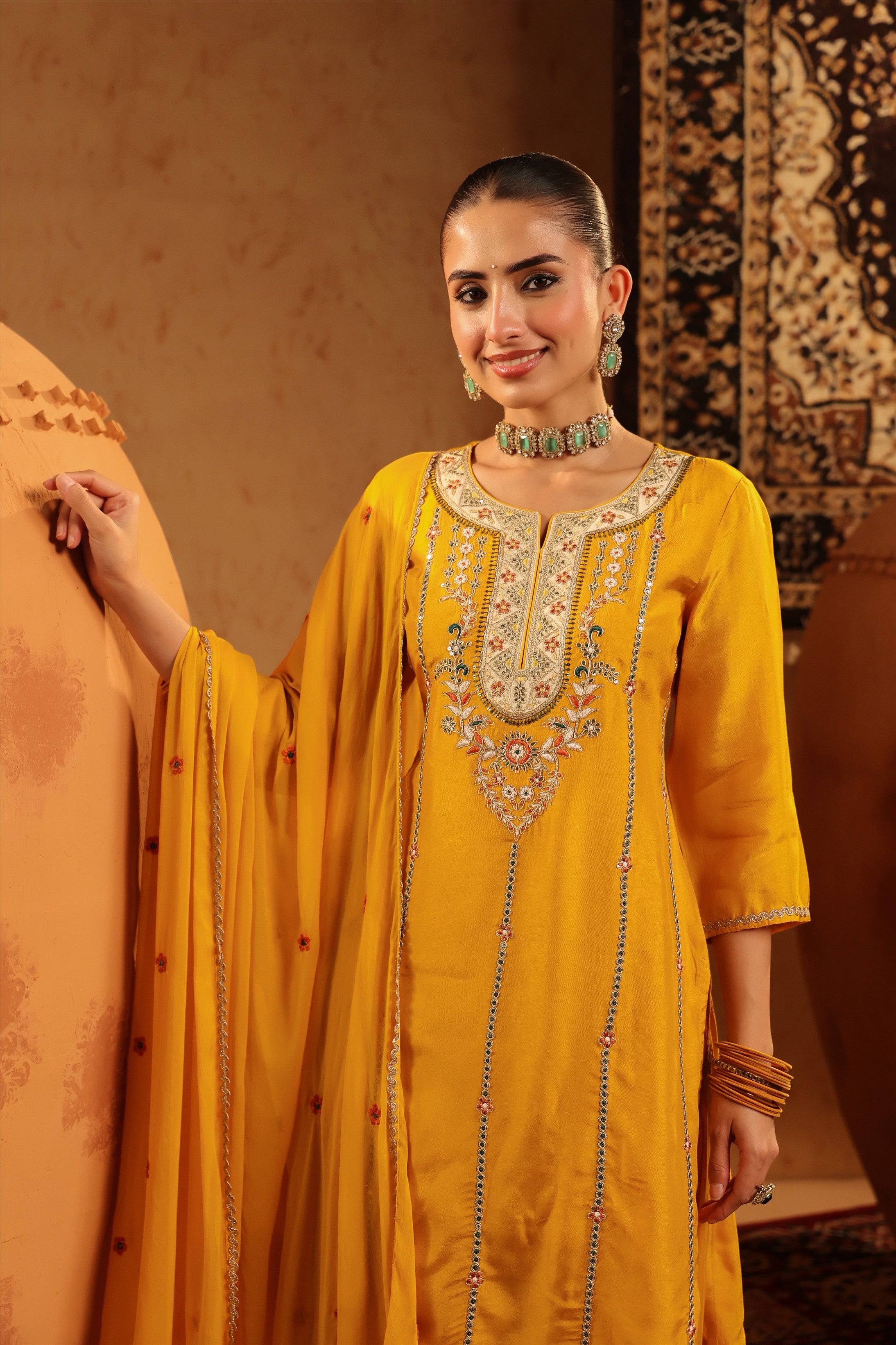 Mustard Silk Embroidered Straight Suit Set