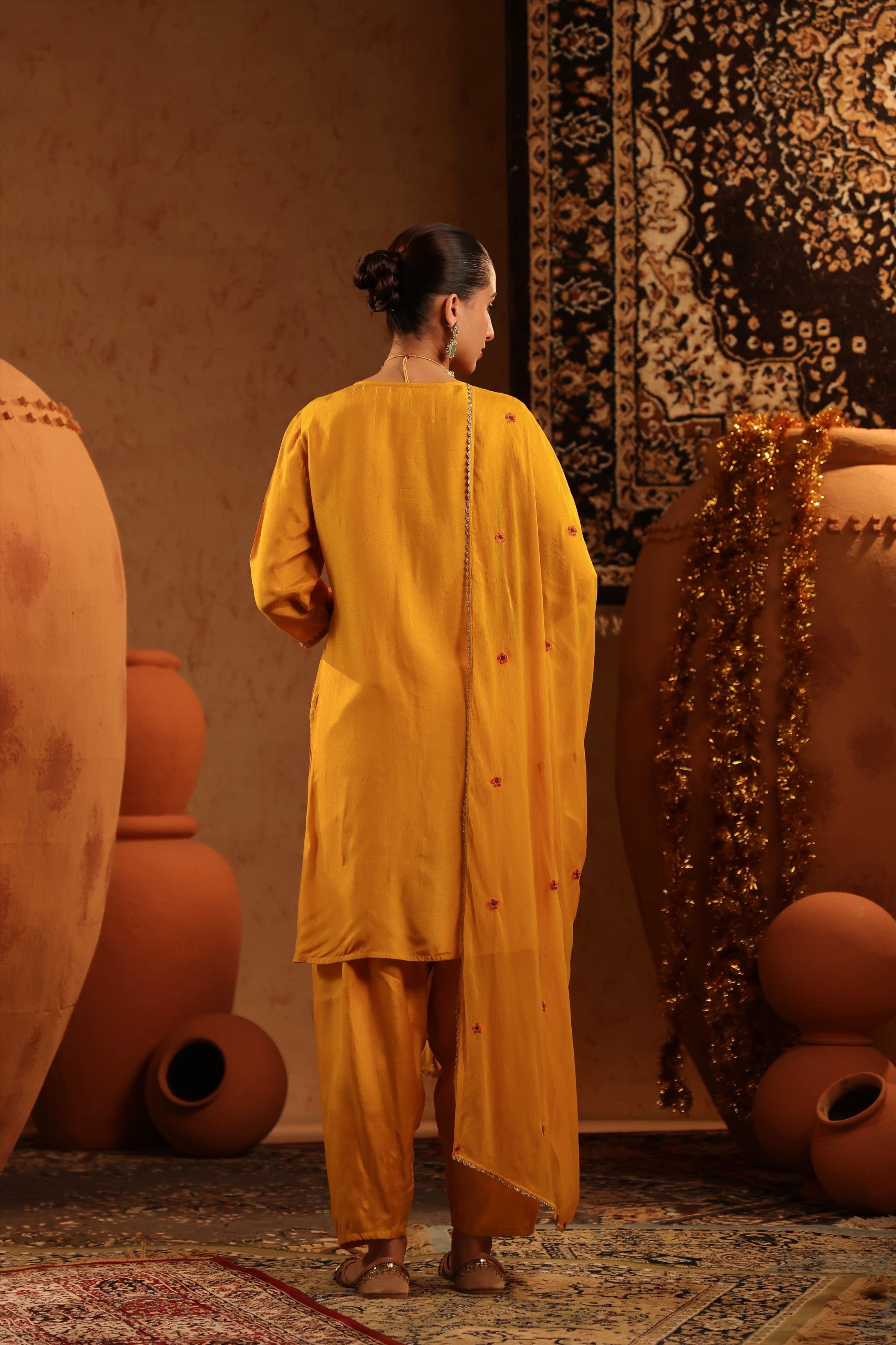 Mustard Silk Embroidered Straight Suit Set