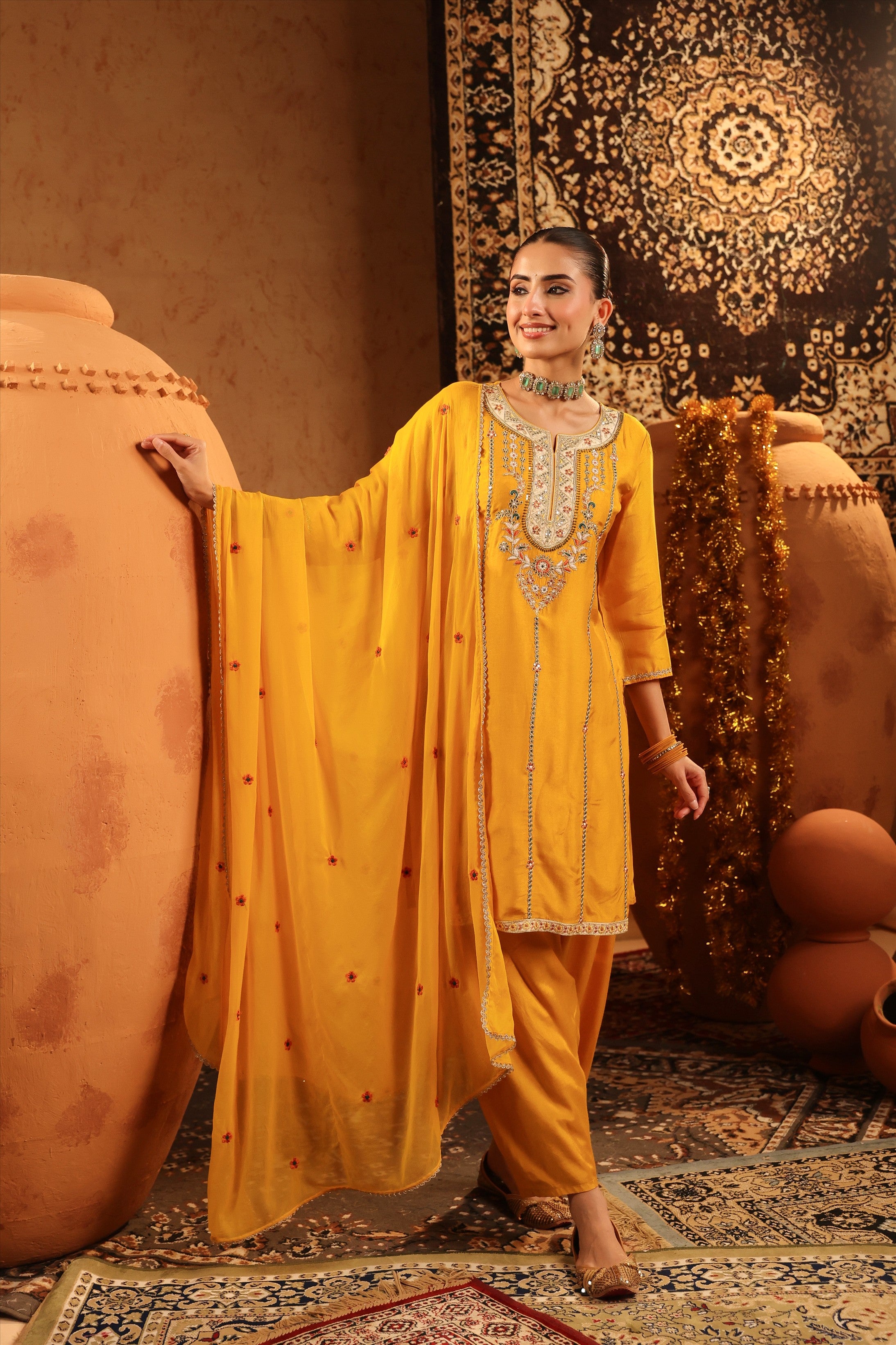Mustard Silk Embroidered Straight Suit Set
