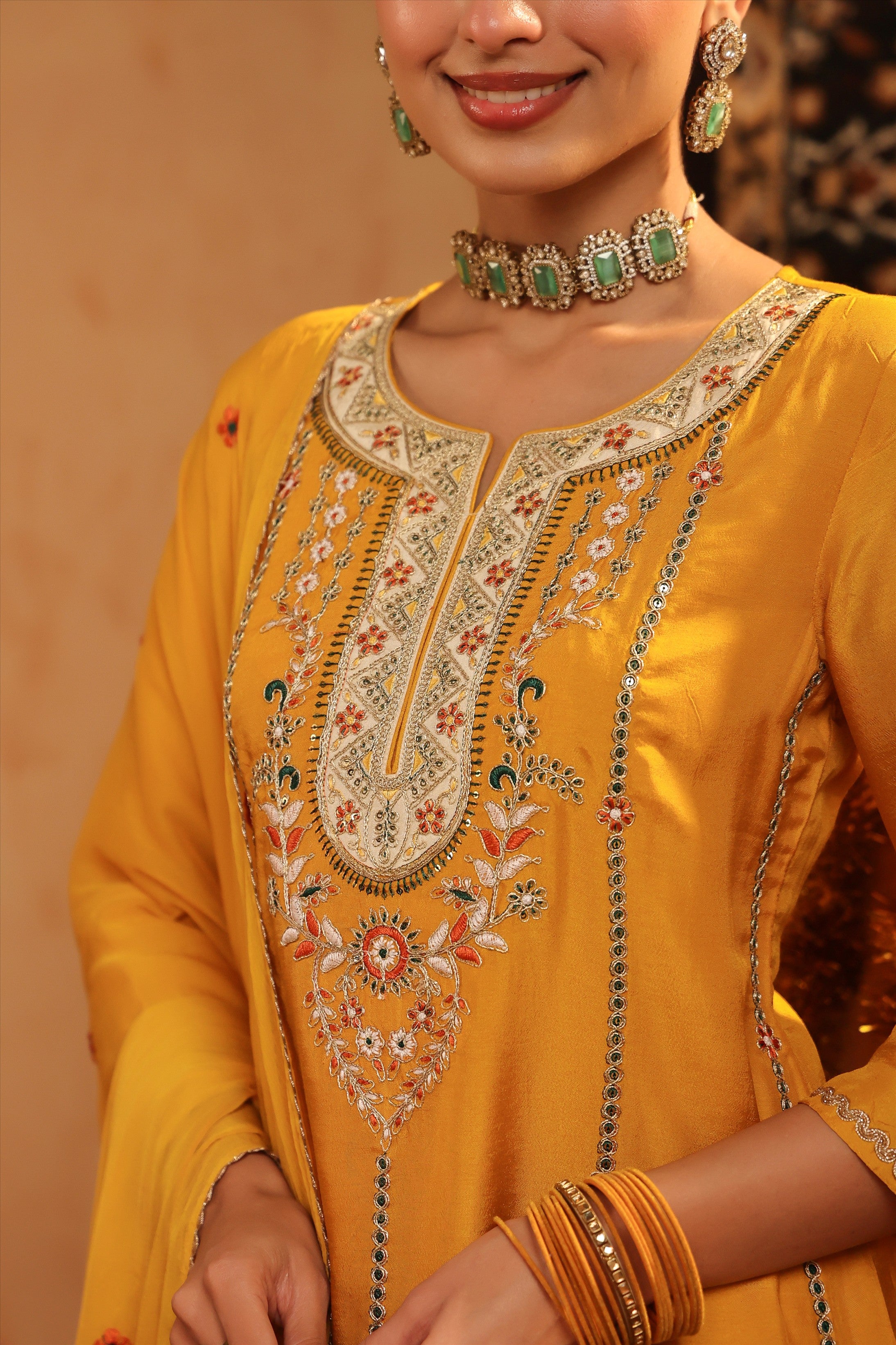 Mustard Silk Embroidered Straight Suit Set