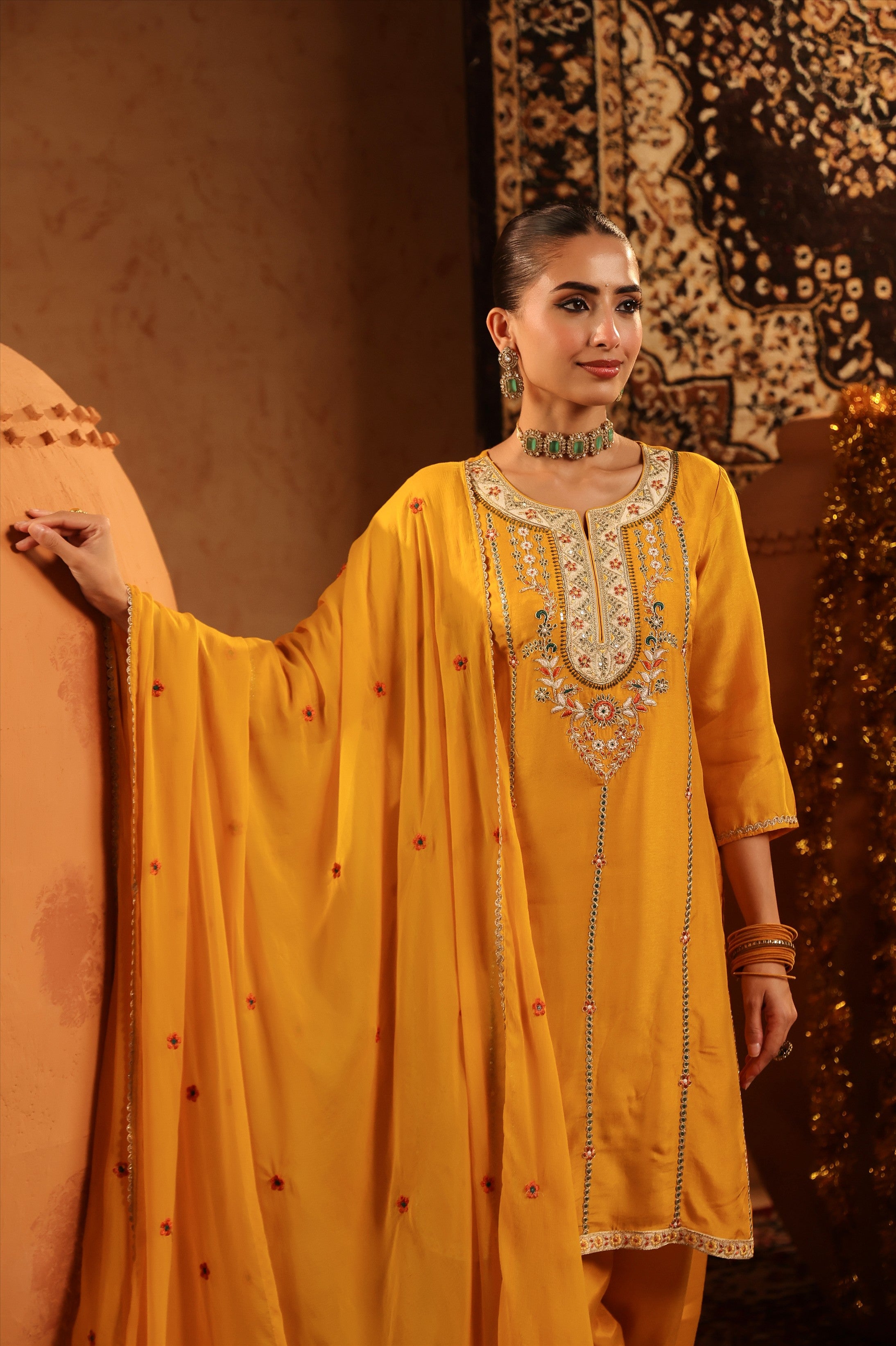 Mustard Silk Embroidered Straight Suit Set