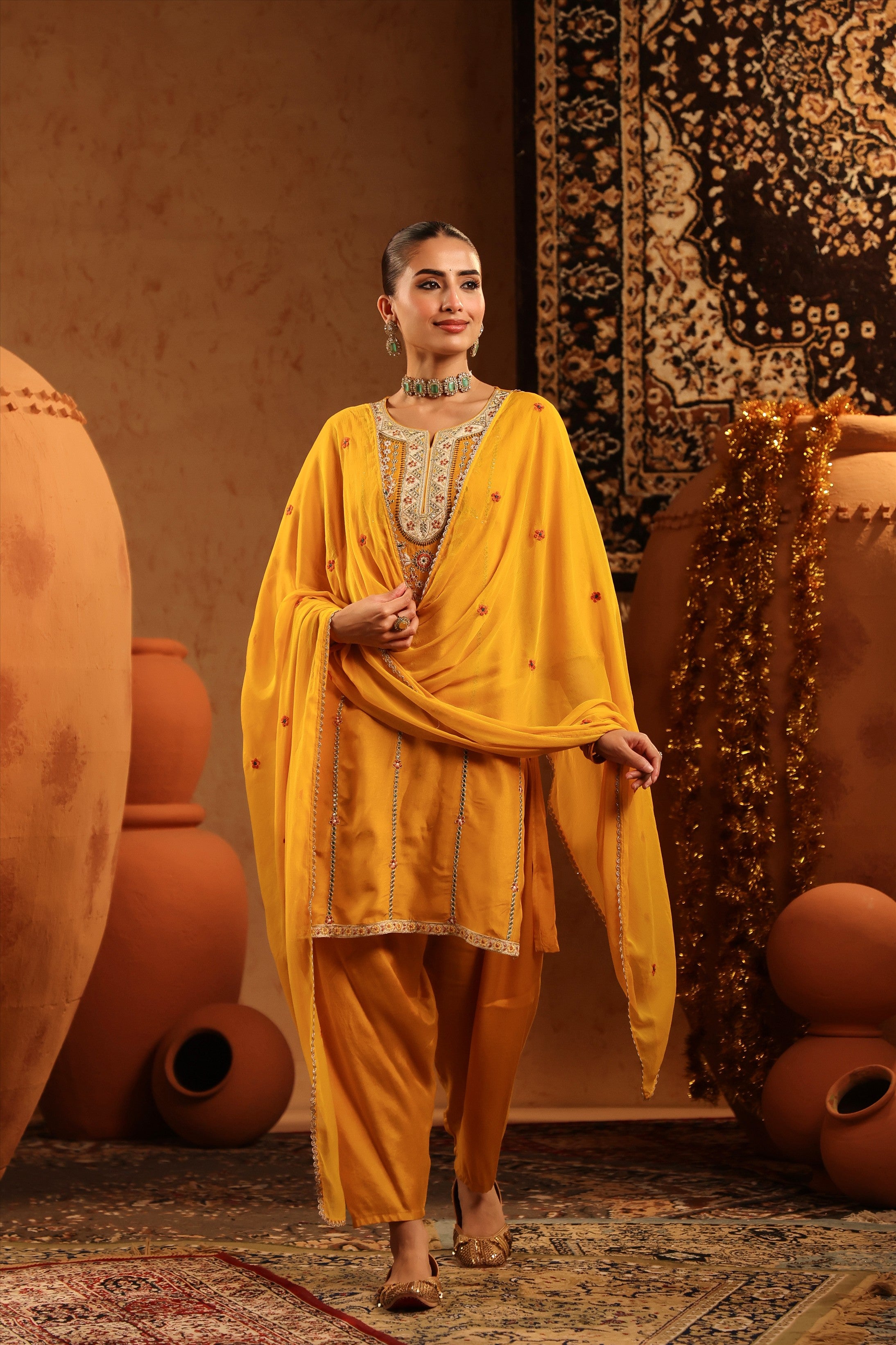 Mustard Silk Embroidered Straight Suit Set