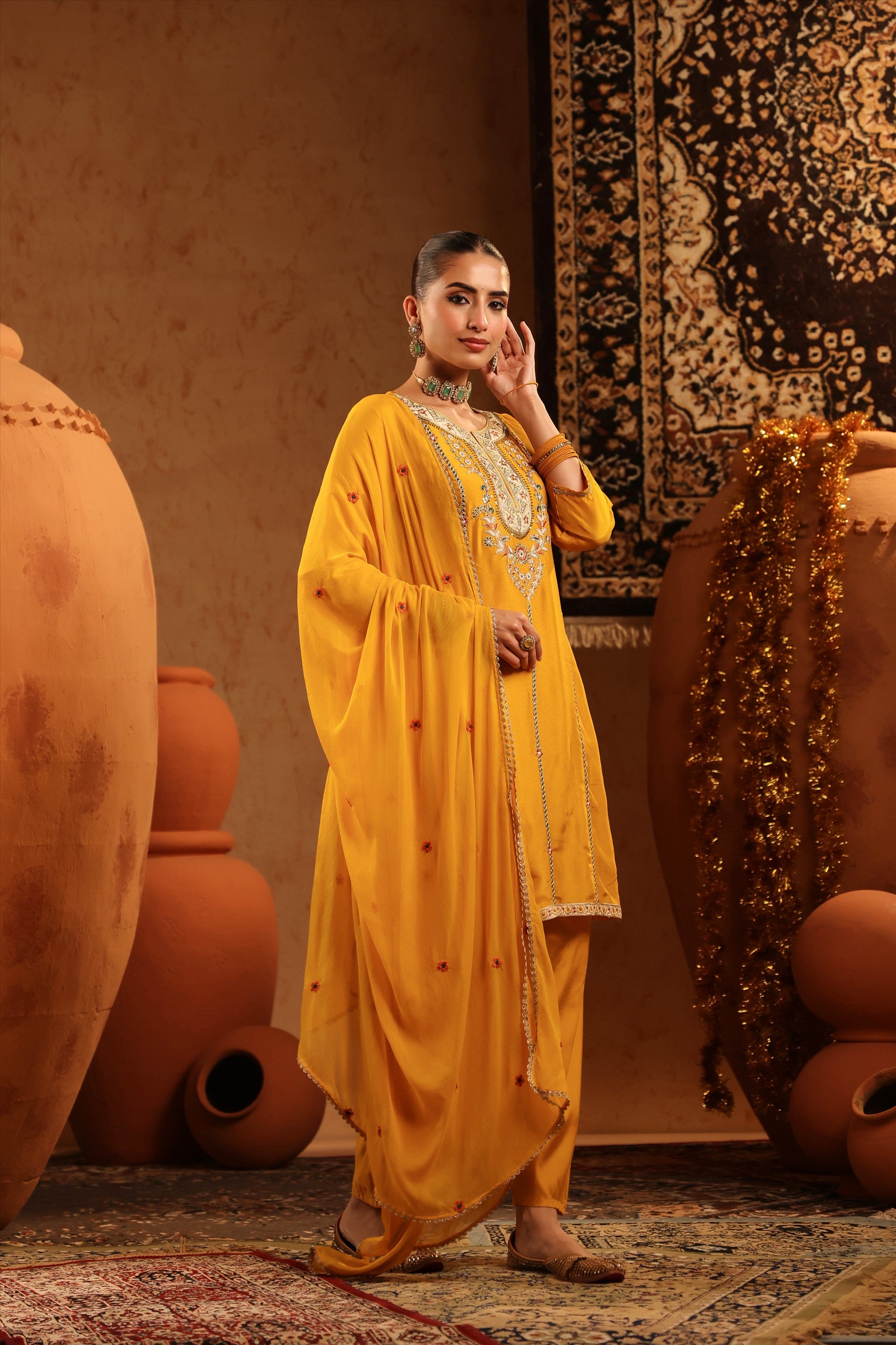 Mustard Silk Embroidered Straight Suit Set