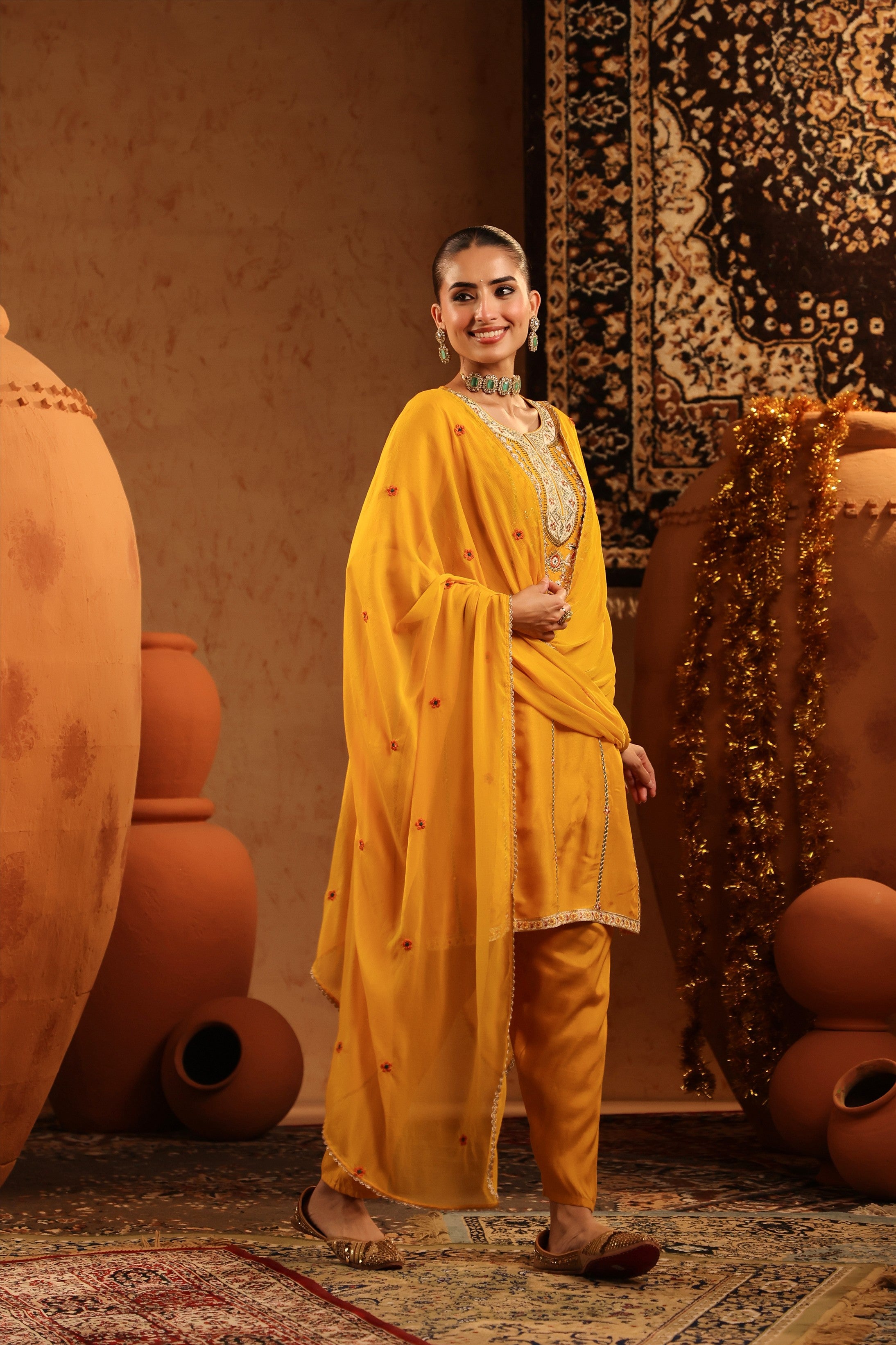 Mustard Silk Embroidered Straight Suit Set