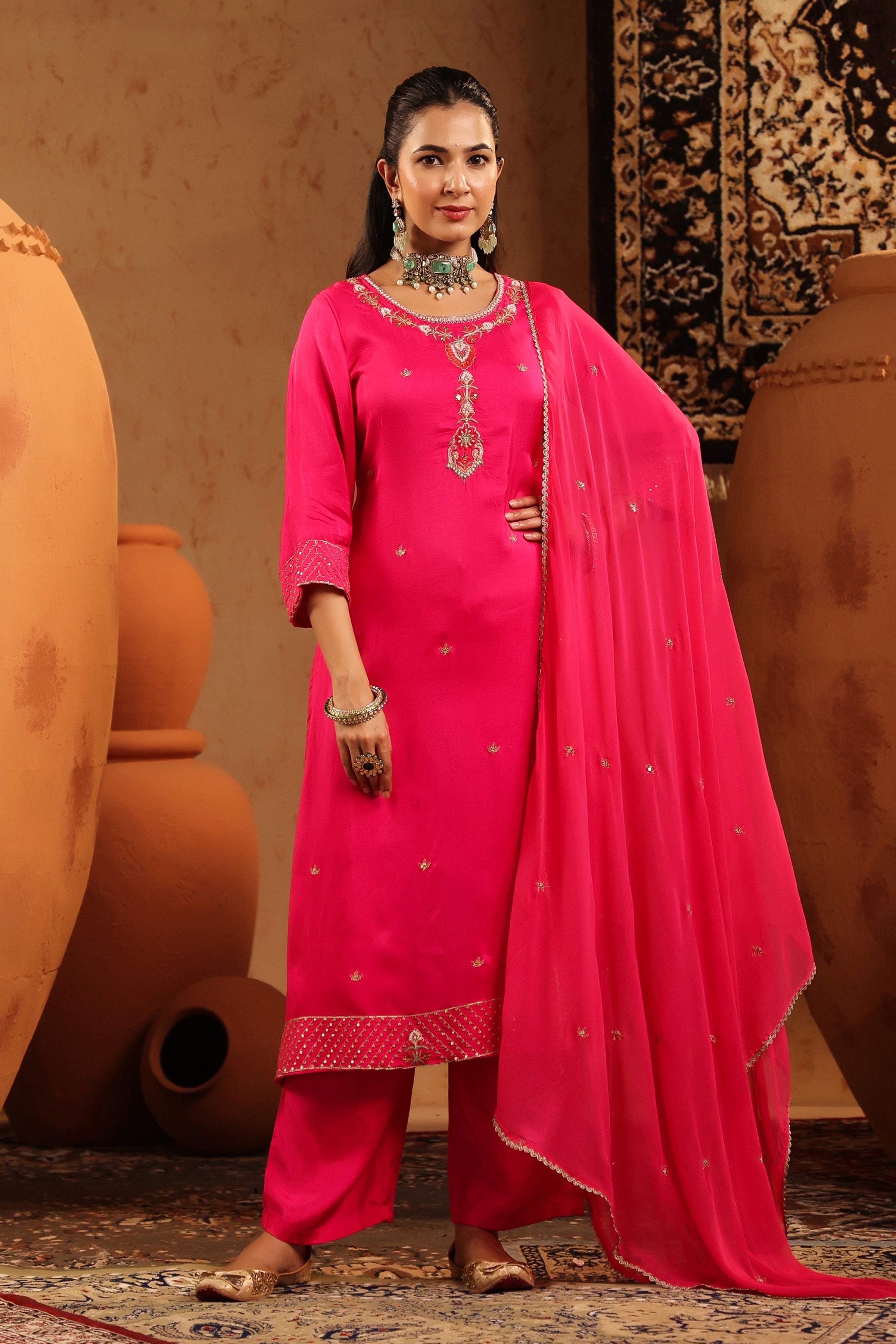 Fuchsia Silk Embroidered-Handwork Straight Suit Set