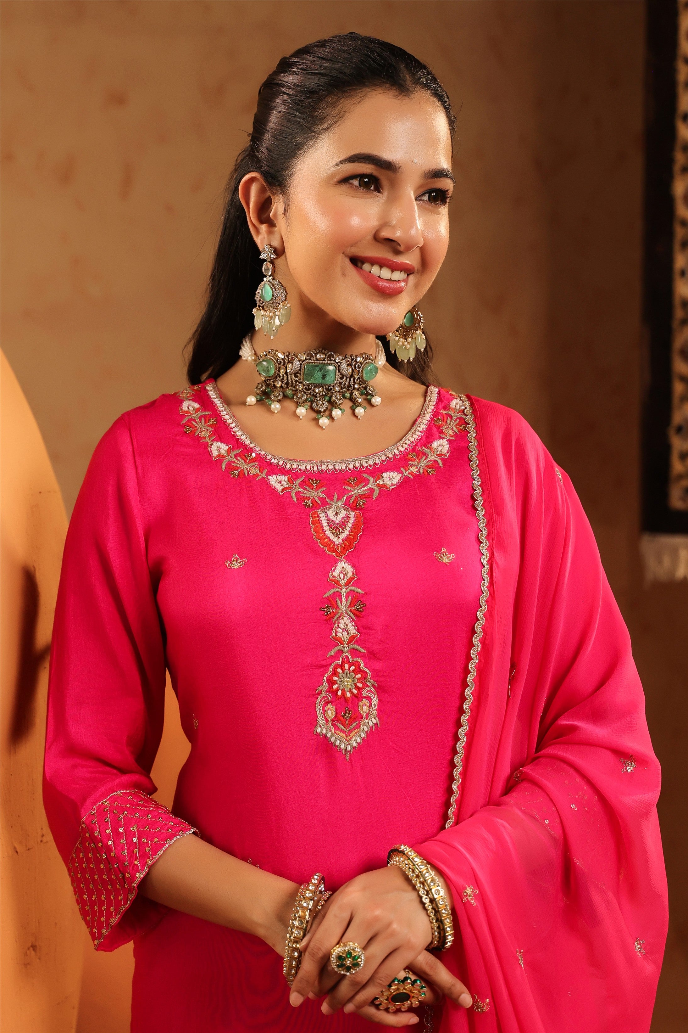 Fuchsia Silk Embroidered-Handwork Straight Suit Set