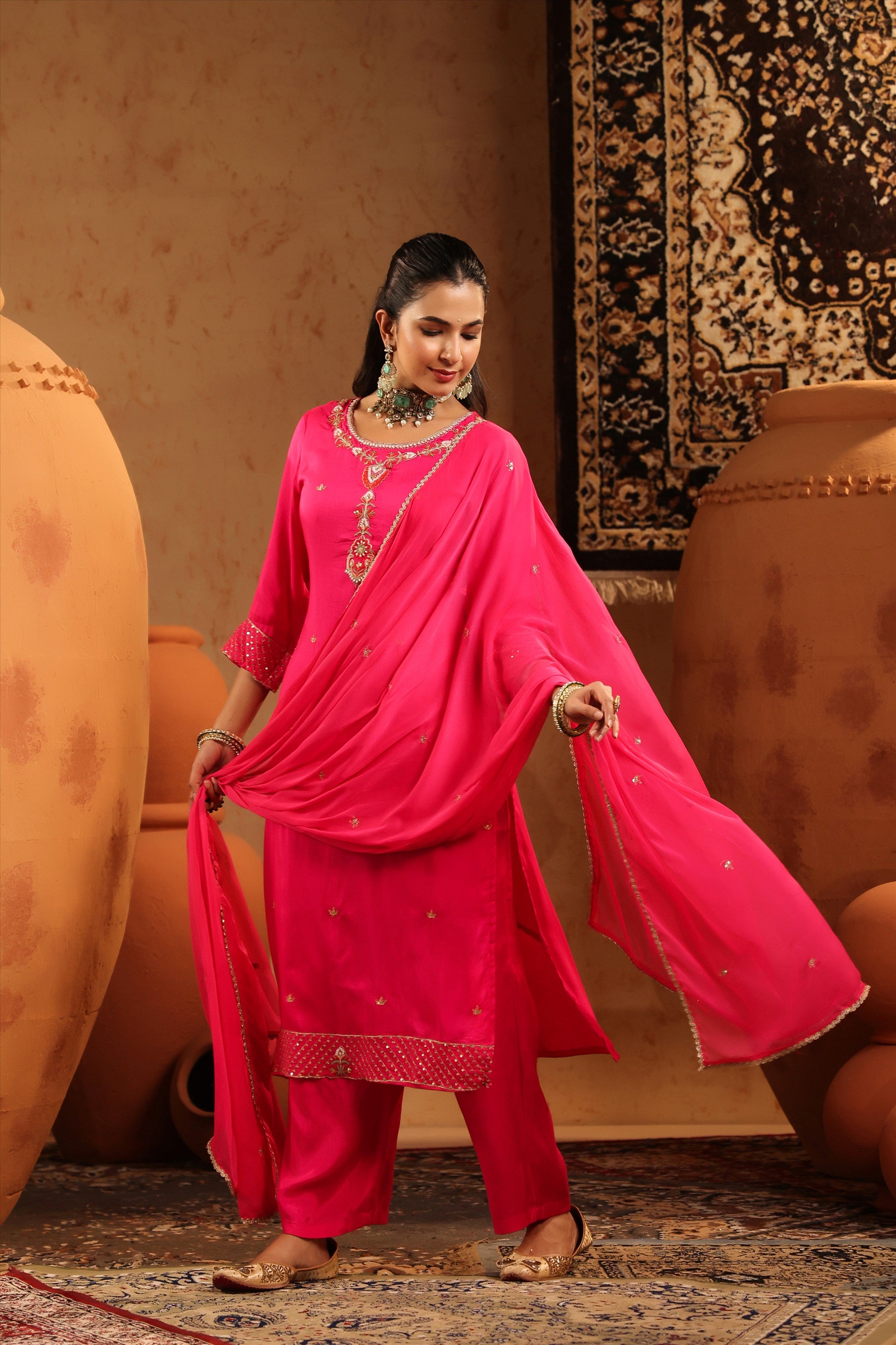 Fuchsia Silk Embroidered-Handwork Straight Suit Set