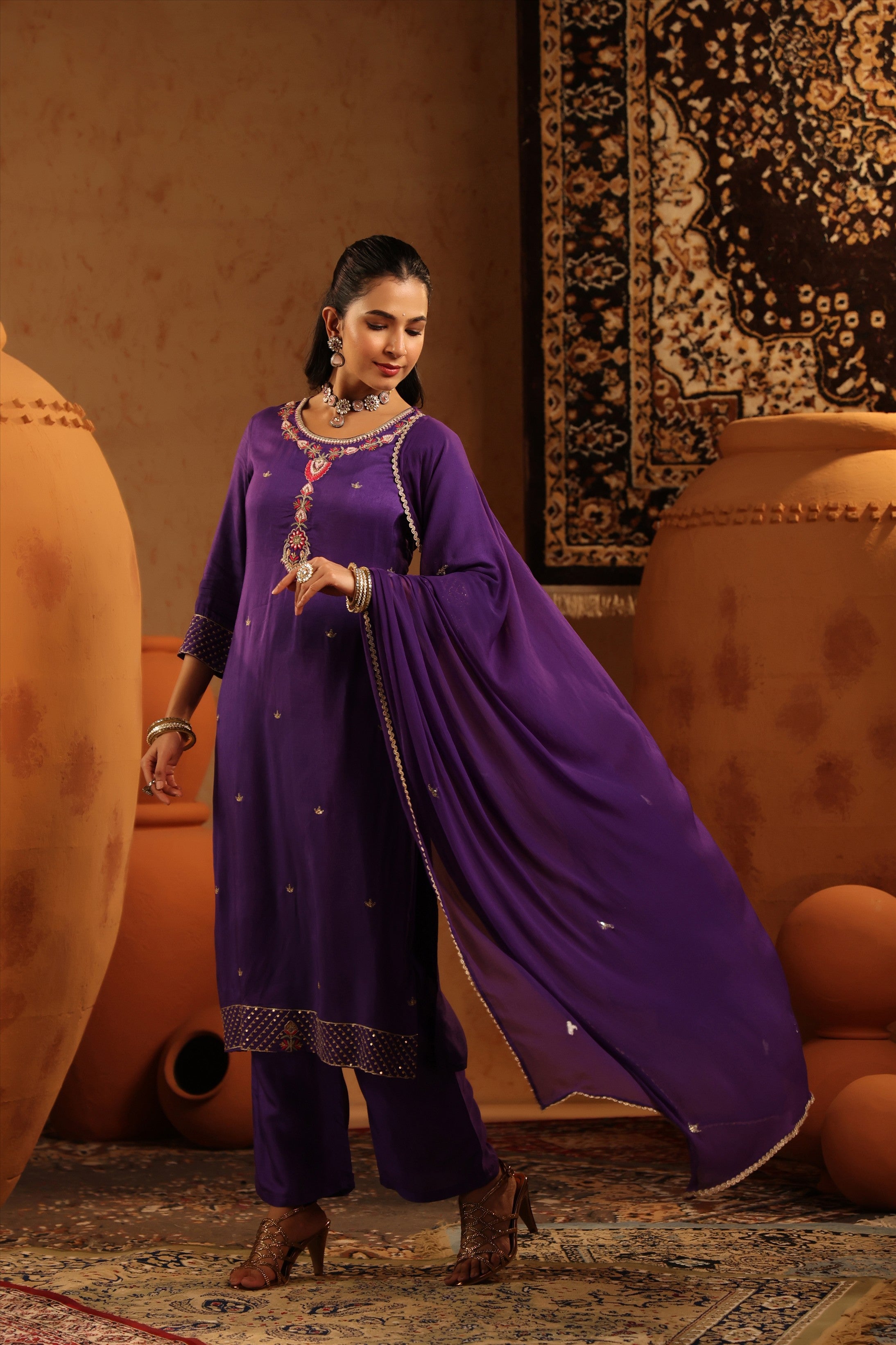 Purple Silk Embroidered-Handwork Straight Suit Set