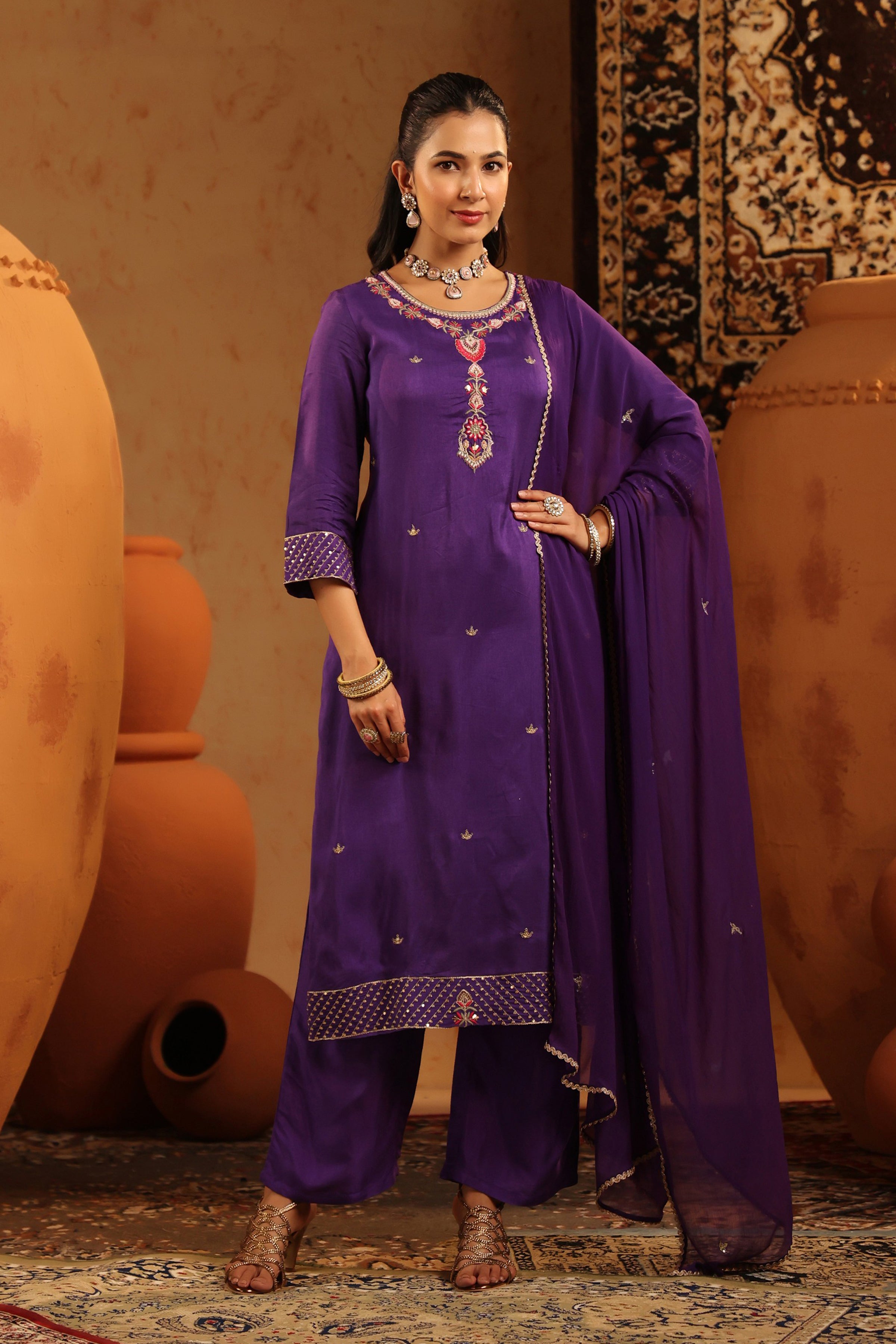 Purple Silk Embroidered-Handwork Straight Suit Set