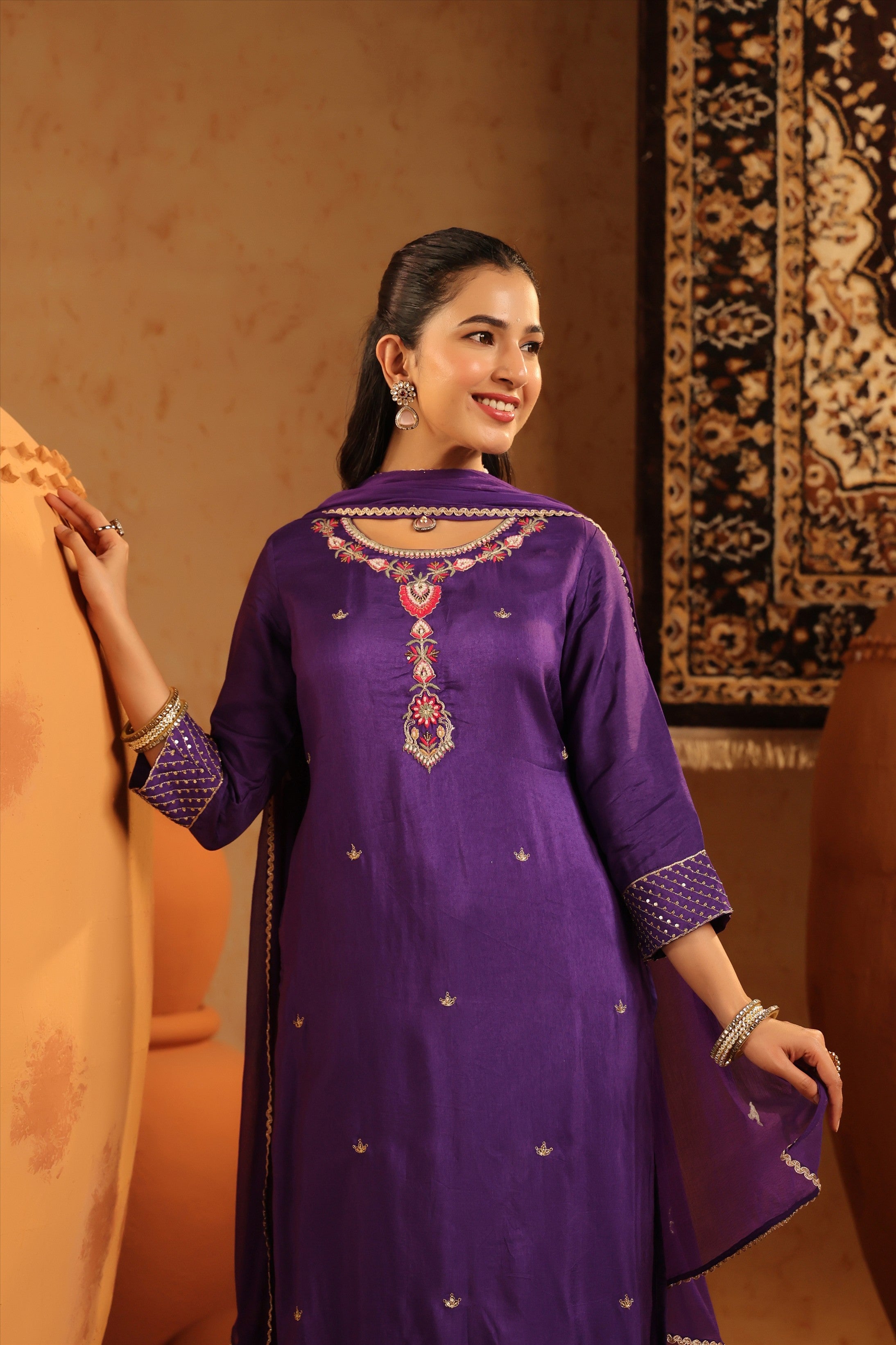 Purple Silk Embroidered-Handwork Straight Suit Set