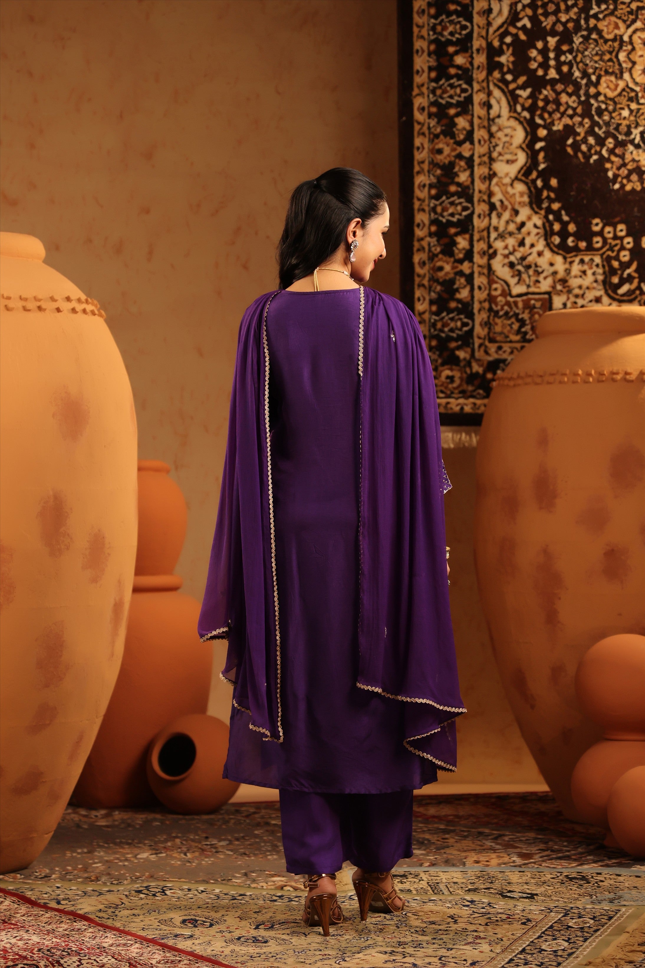 Purple Silk Embroidered-Handwork Straight Suit Set
